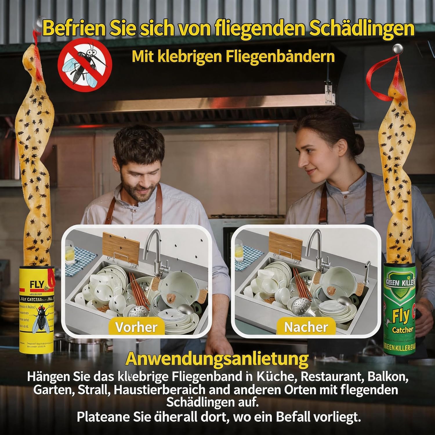 Detalle de COMPOLICY Fliegenfänger Klebestreifen Grün, 20 dubbelzijdige plakstrips