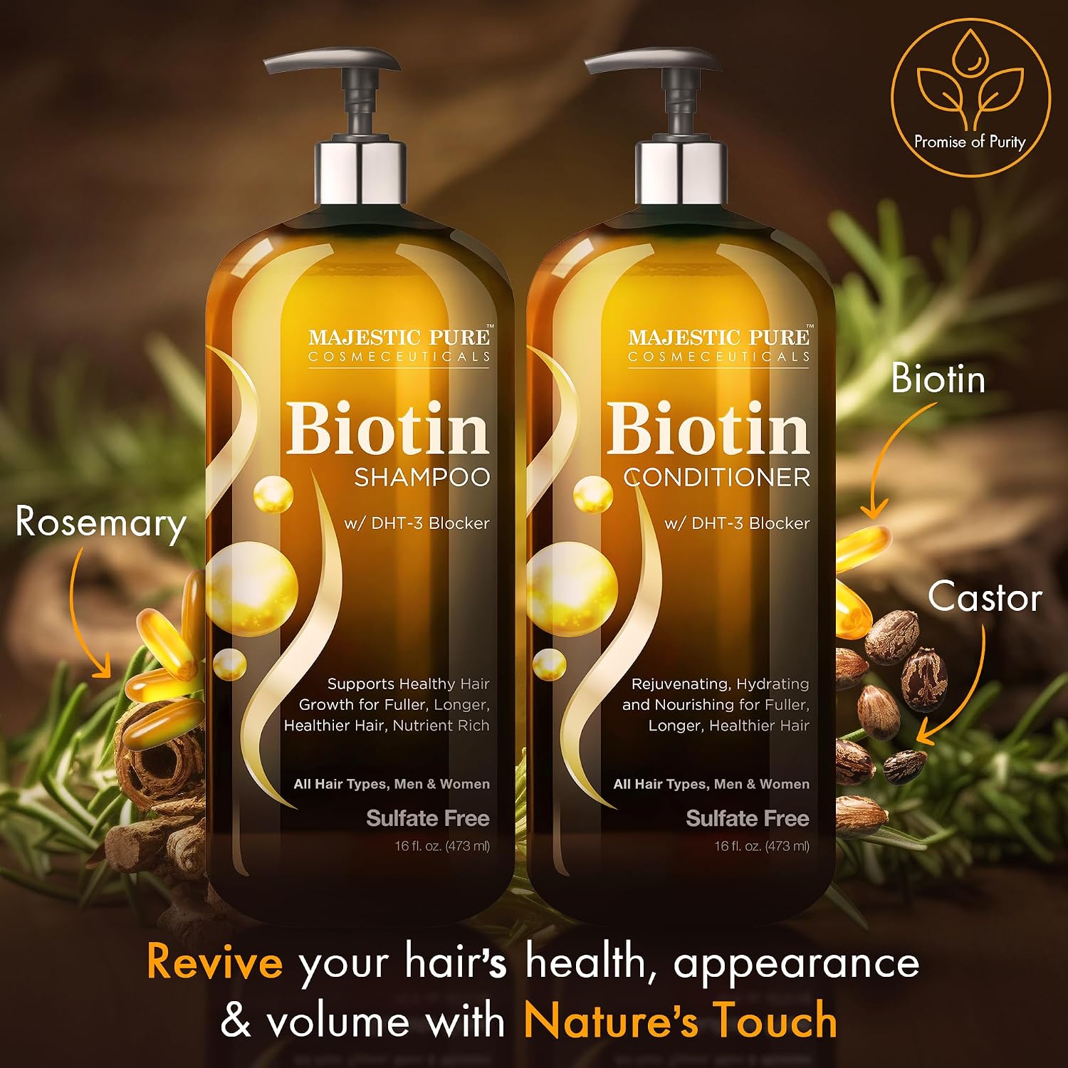Detalle de Majestic Pure Biotin Shampoo and Conditioner Set with DHT Blocker Complex (Sulfate Free) — 16 fl oz each