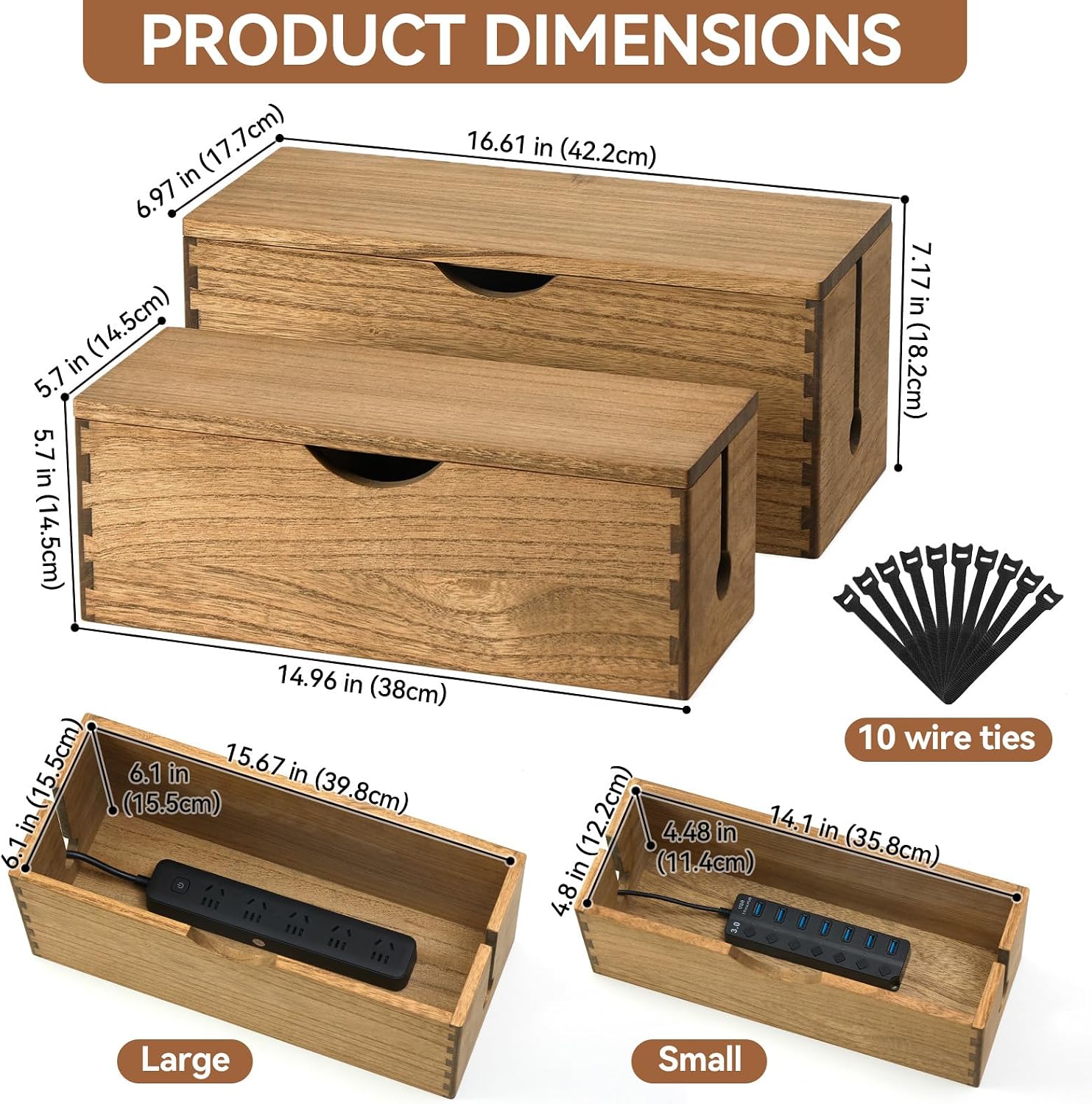 Detalle de KIRIGEN kabelbox i massivt paulowniaträ, 2-pack med gångjärnslock, mörkbrun