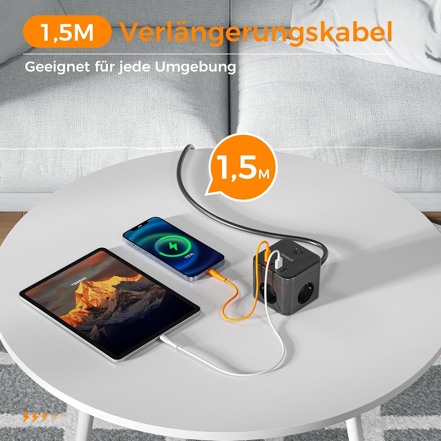 Detalle 2 de TESSAN grenuttag med 3 eluttag, 2 USB-C, 2 USB-A och 20 W PD