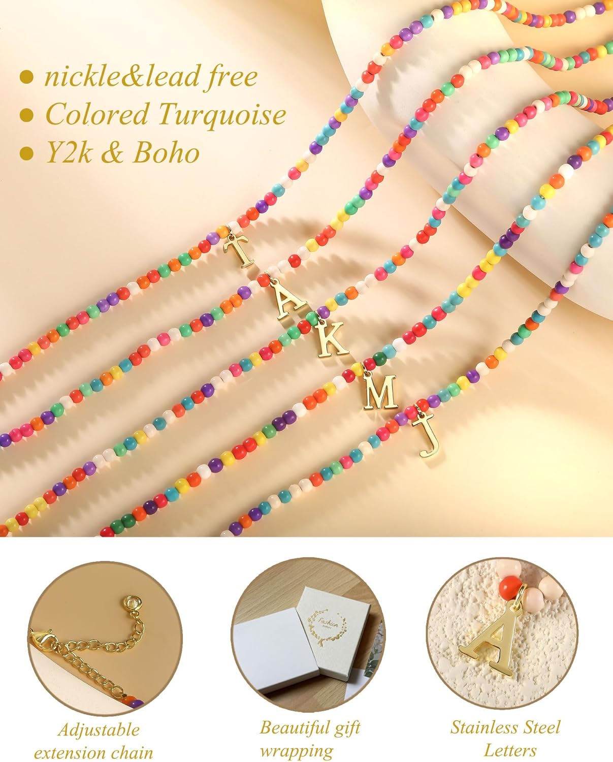 Thumbnail 4 de FUNEIA bunte Perlenkette mit Buchstaben-Anhänger – initiale Halskette als Boho-Schmuck für Damen & Mädchen