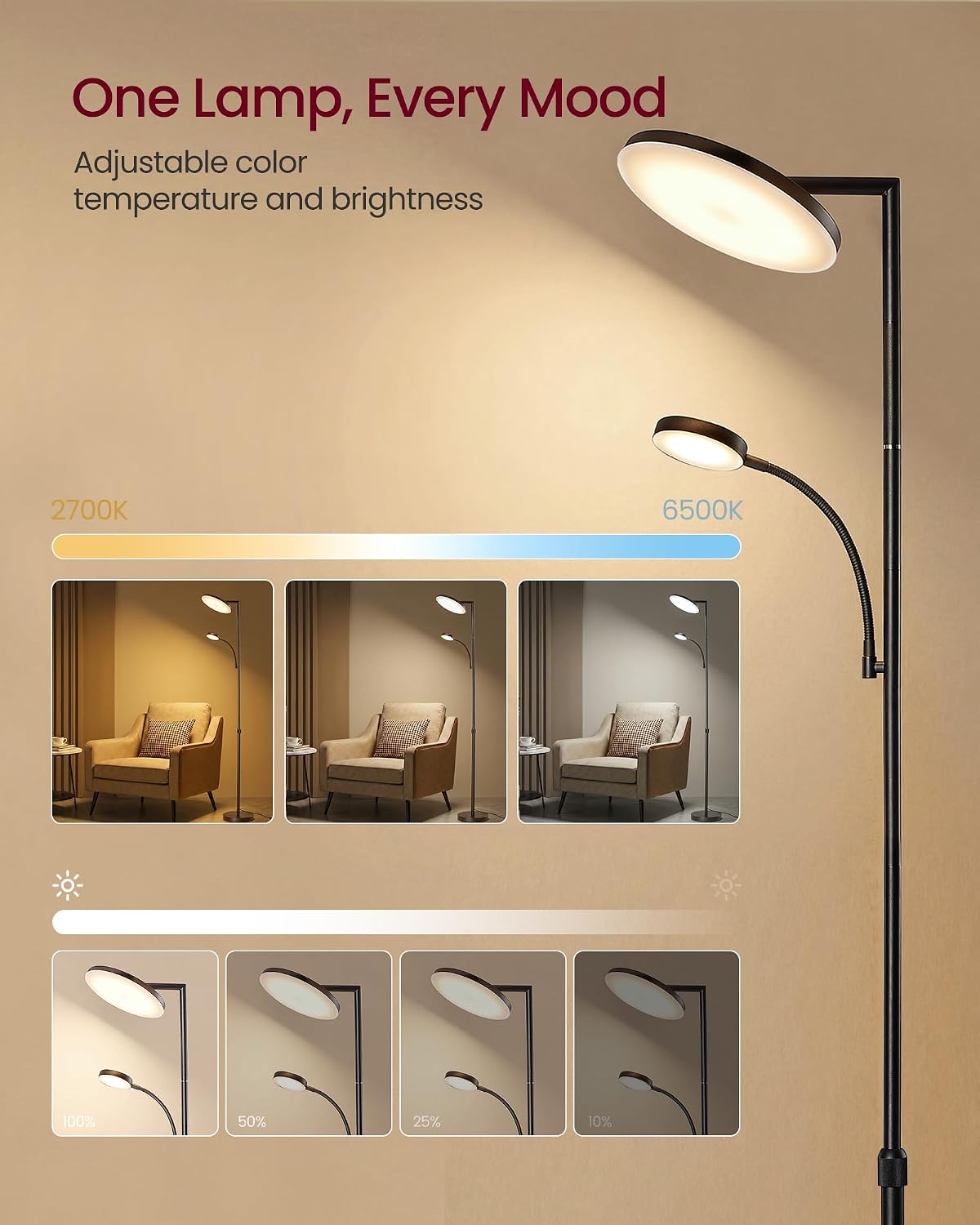 Thumbnail 4 de VASAGLE LFL028BD01 Adjustable LED Floor Lamp, 42W, Matte Black