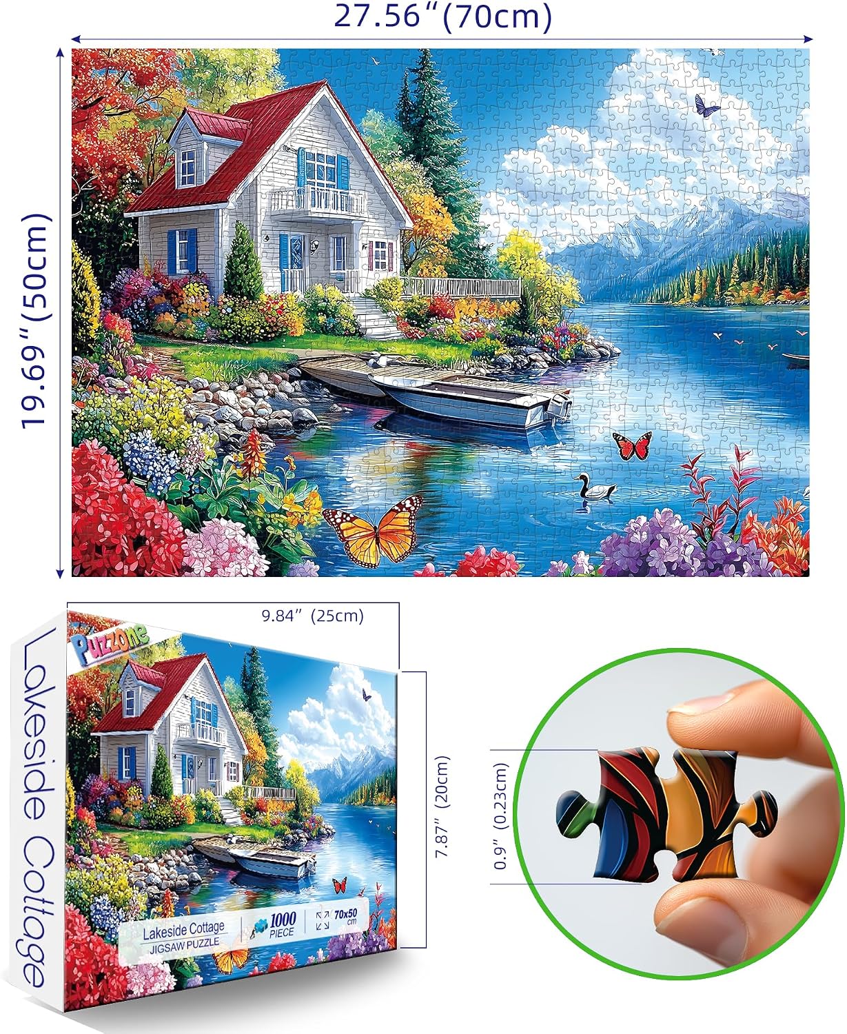 Detalle 2 de PuzzOne 1000-Piece Jigsaw Puzzle: Lakeside Cottage Mountain Scene for Adults