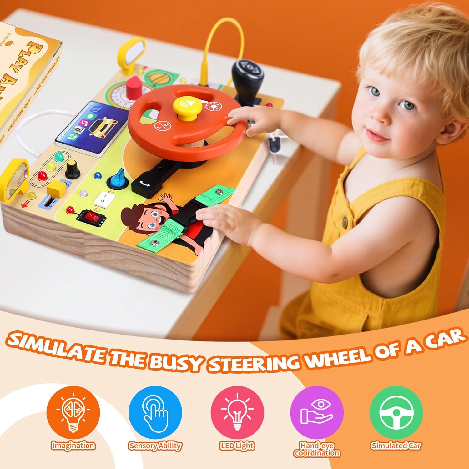 Thumbnail 5 de Hoarosall Busy Board Montessori Spielzeug ab 1 Jahr – Lenkrad-Reisespielzeug aus Holz