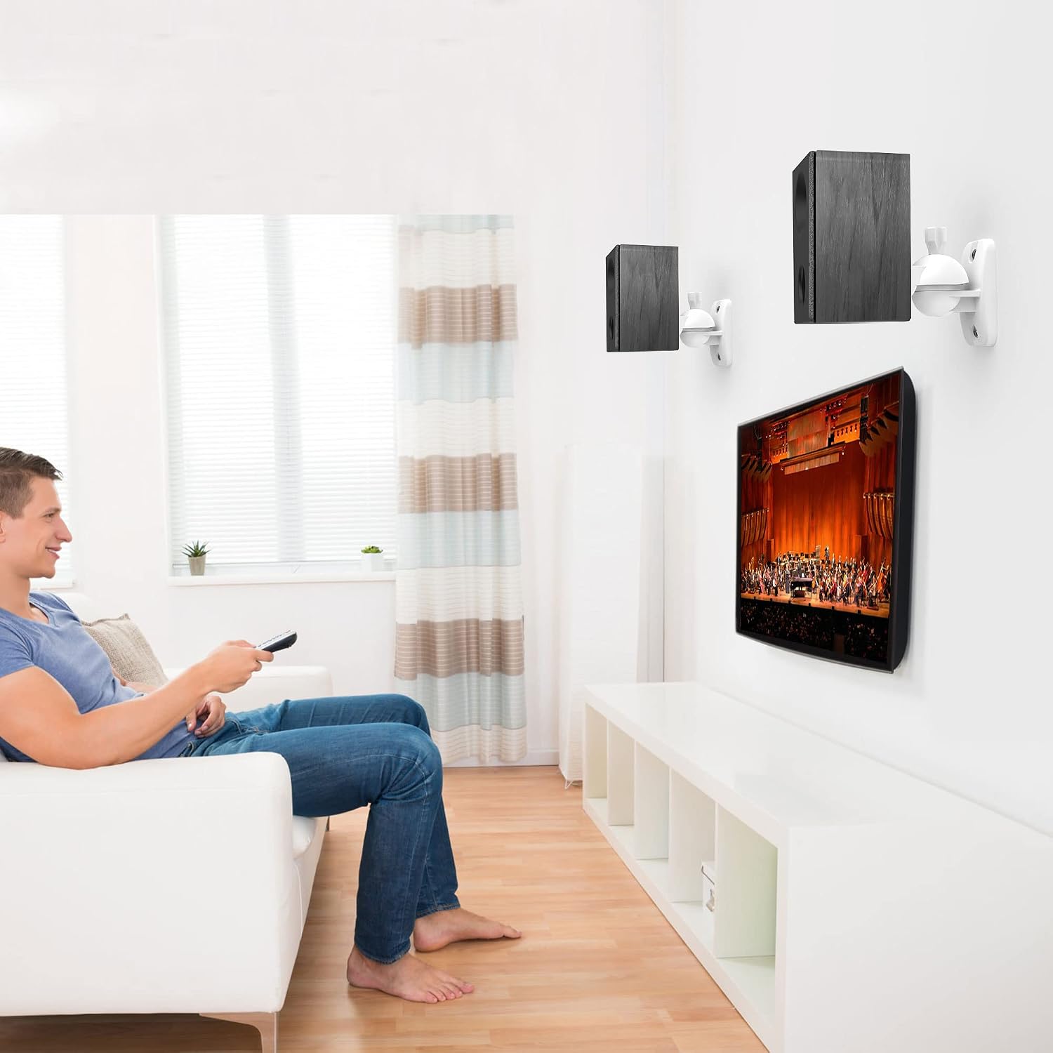Detalle de HomeMount Speaker Wall Mount Brackets — 4-Pack (White) Holds up to 8 lbs with Multi-Angle Adjustments
