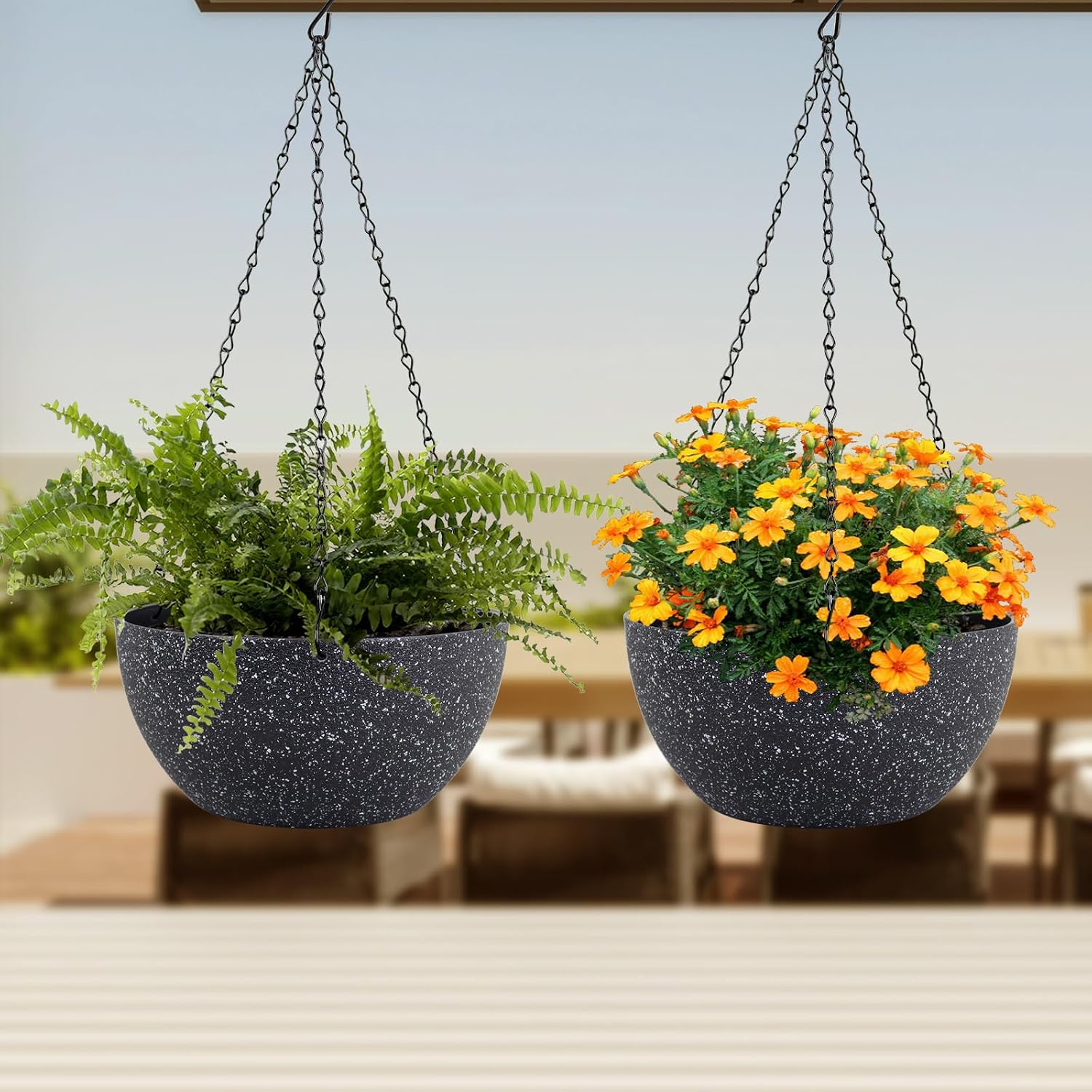 Detalle de Meowell 10-Inch Hanging Planters, 2-Pack, Speckled Black Plastic