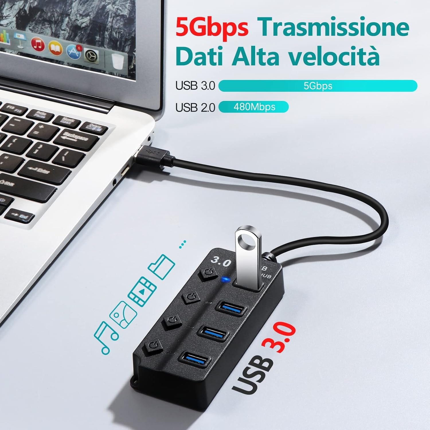 Thumbnail 3 de Hoppac USB Hub 4 in1: Hub USB con interruttore separato e LED, 1 porta USB 3.0 + 3 USB 2.0
