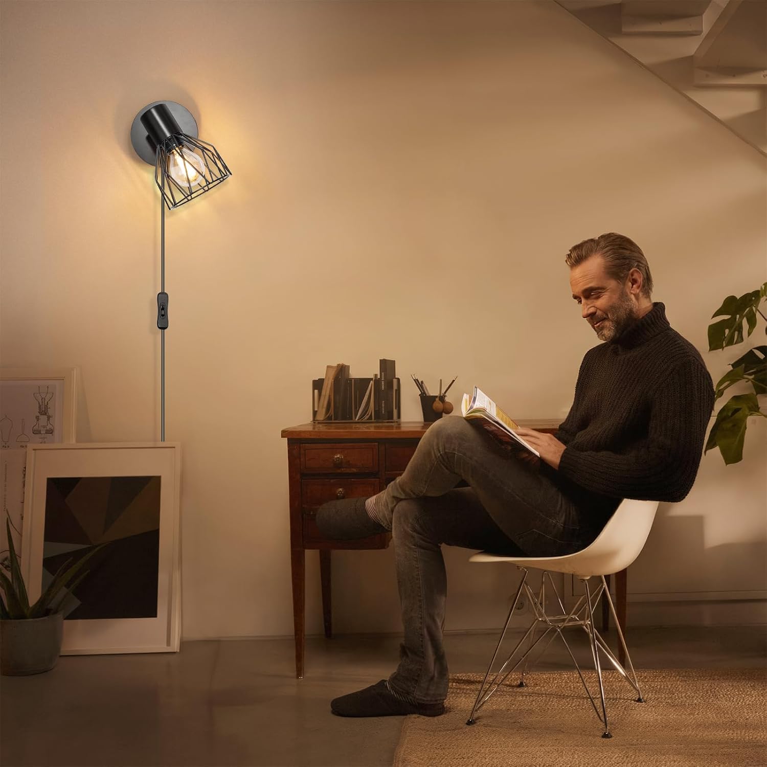 Detalle de Kimjo D0597 Retro-Raster wandlamp, zwart met draaibare E14-spot