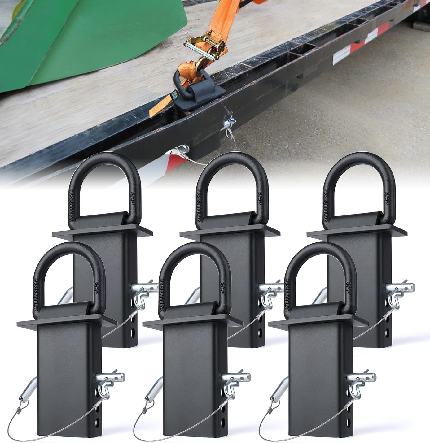 Aupar 5/8" Heavy-Duty Stake Pocket D Rings with Anti-Loss Cord — 18,000 lbs Total Capacity, 4-Position Adjustability (6 Pack)