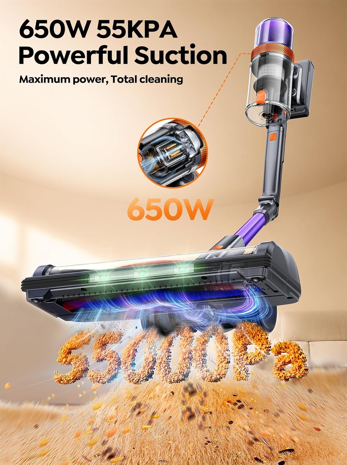 Detalle 2 de INTETURE BP70 Cordless Stick Vacuum, 650W, 55KPa, 270° Flexible Wand