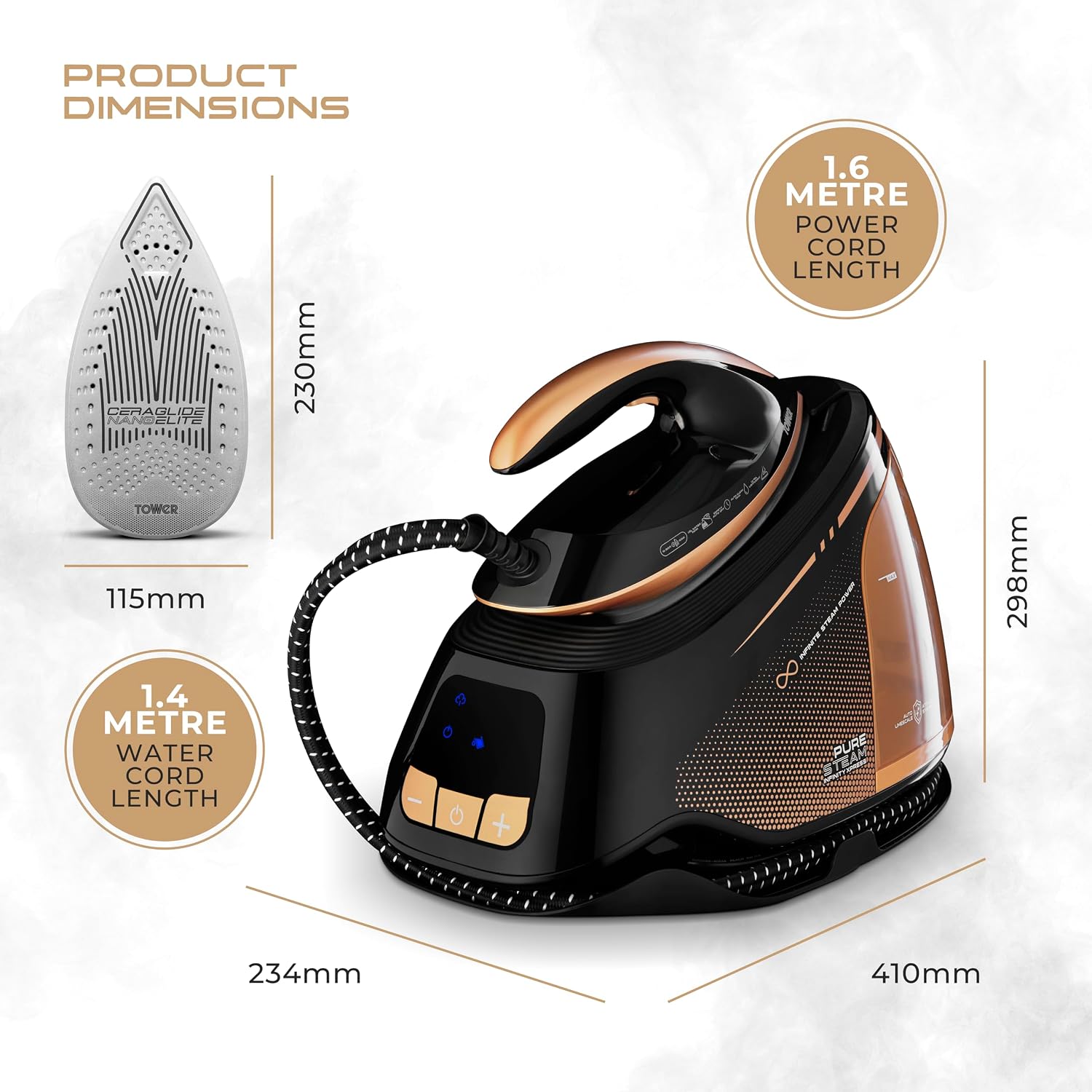 Detalle 2 de Tower PureSteam Infinity Xpress T22030GLD 8 Bar Steam Generator Iron (Ceraglide NanoElite Soleplate, 1.5L Dual Tank)