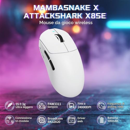 Detalle 2 de MAMBASNAKE X ATTACK SHARK X8SE 55g: mouse da gioco wireless ultraleggero con 25000 DPI