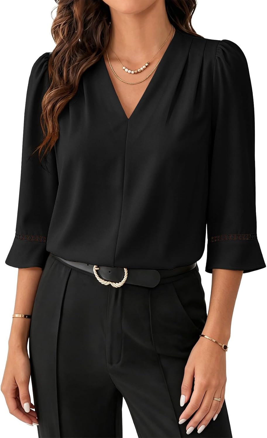 Detalle de EVALESS Women's 3/4 Sleeve Pleated V-Neck Dressy Casual Tops