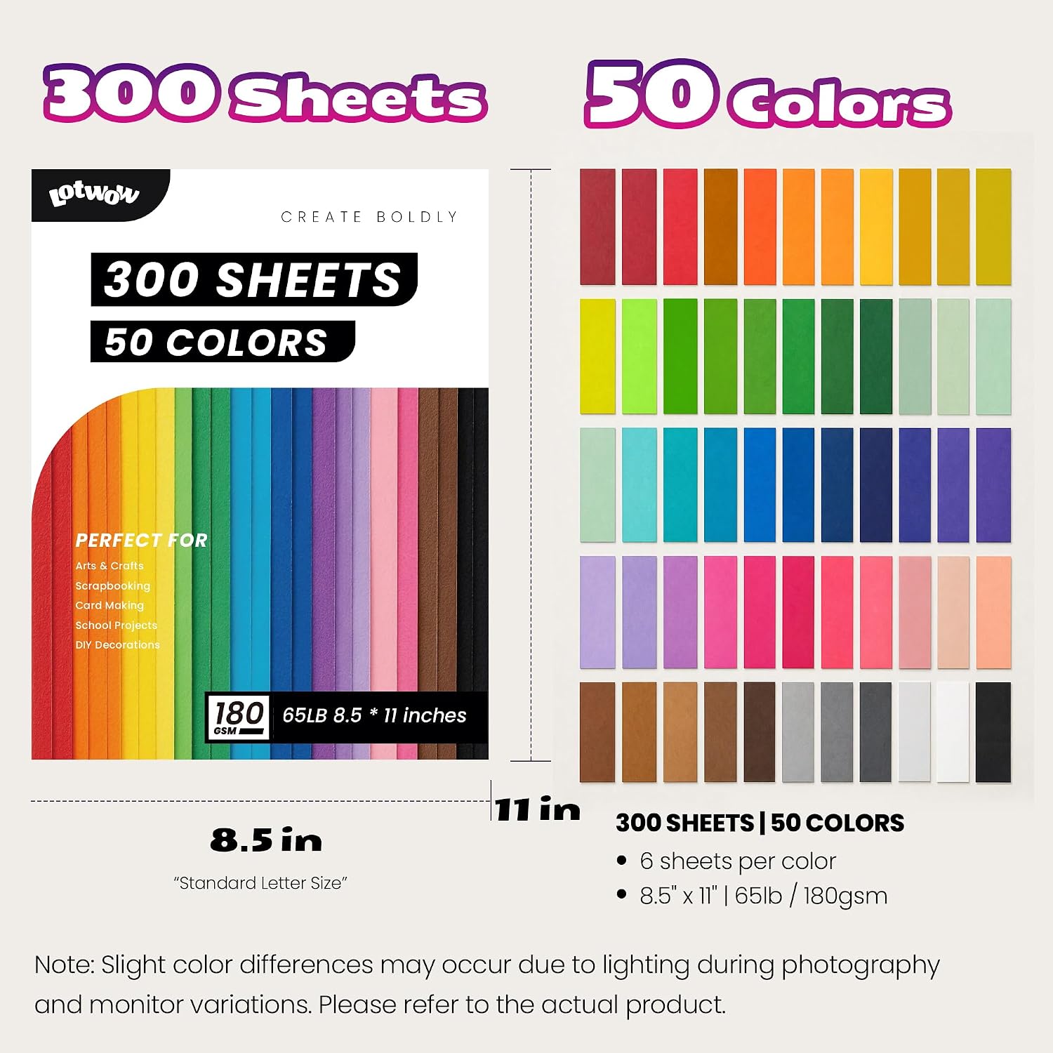 Detalle 2 de LOTWOW 300-Sheet Colored Cardstock, 8.5 x 11 Inches, 50 Colors, 180 GSM