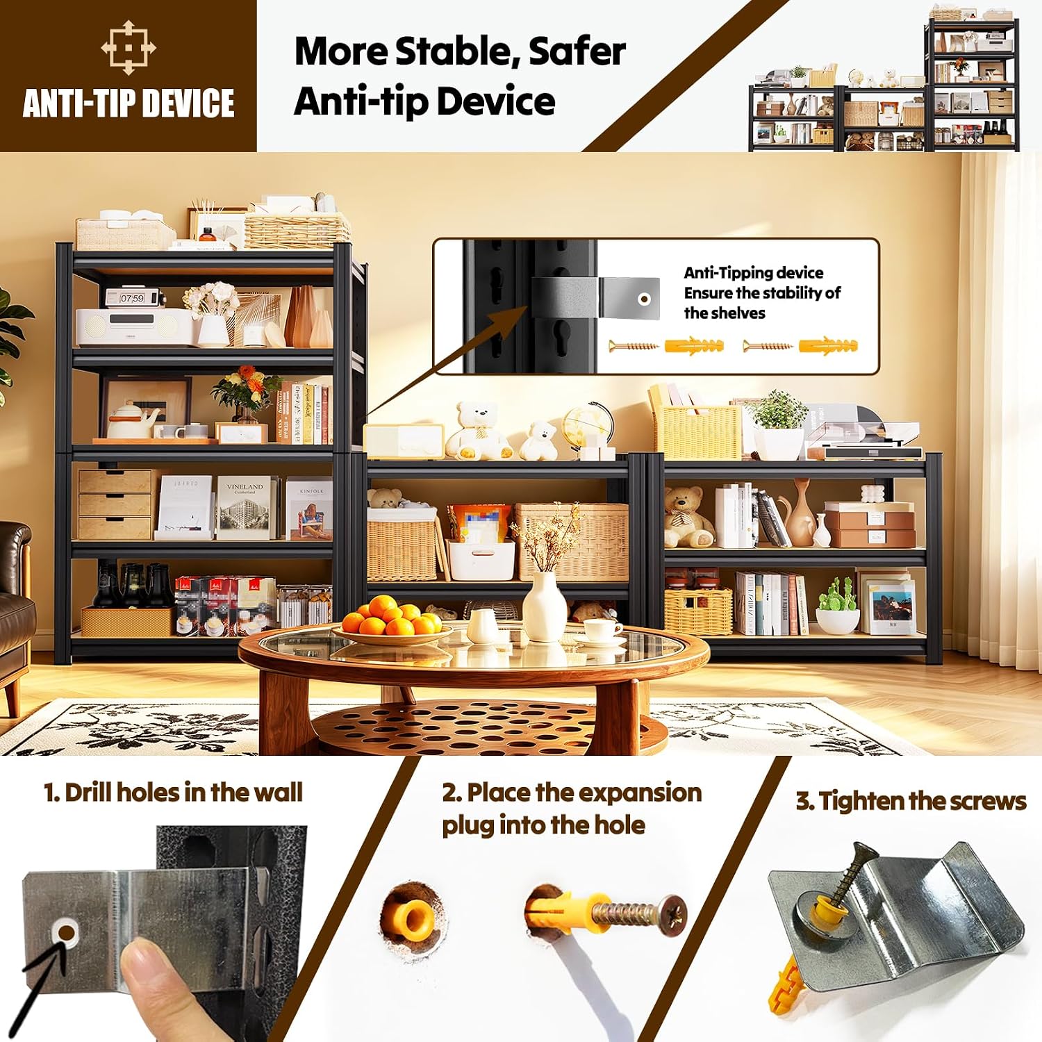 Detalle 2 de JOJUOU 5-Tier Adjustable Garage Shelving with Metal Frame and MDF Panels
