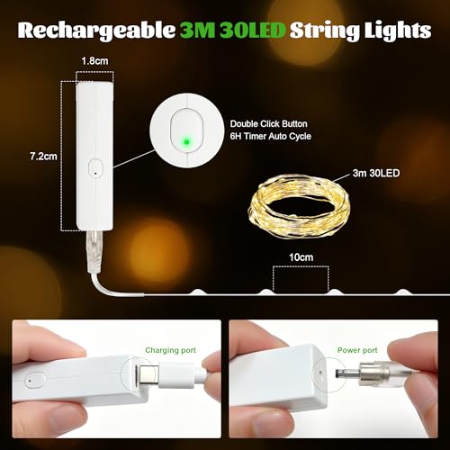 Detalle de MUSUNIA Mini Aufladbare Lichterkette 3 m | 30 LEDs Warmweiß, Timer, USB‑C, 8 Modi