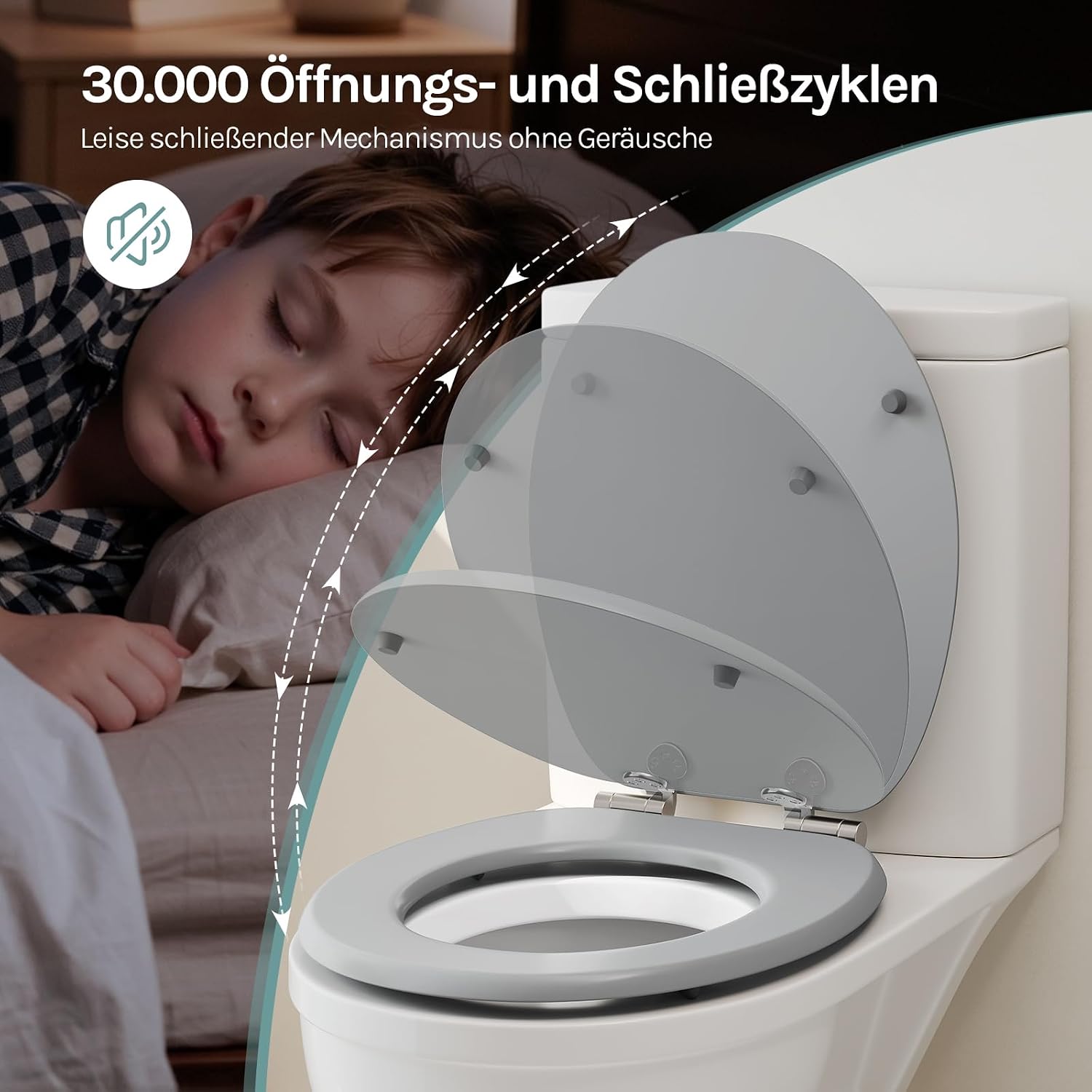 Detalle de WOLTU Toilettendeckel mit Absenkautomatik – O-Form aus MDF, 175 kg belastbar, Grau