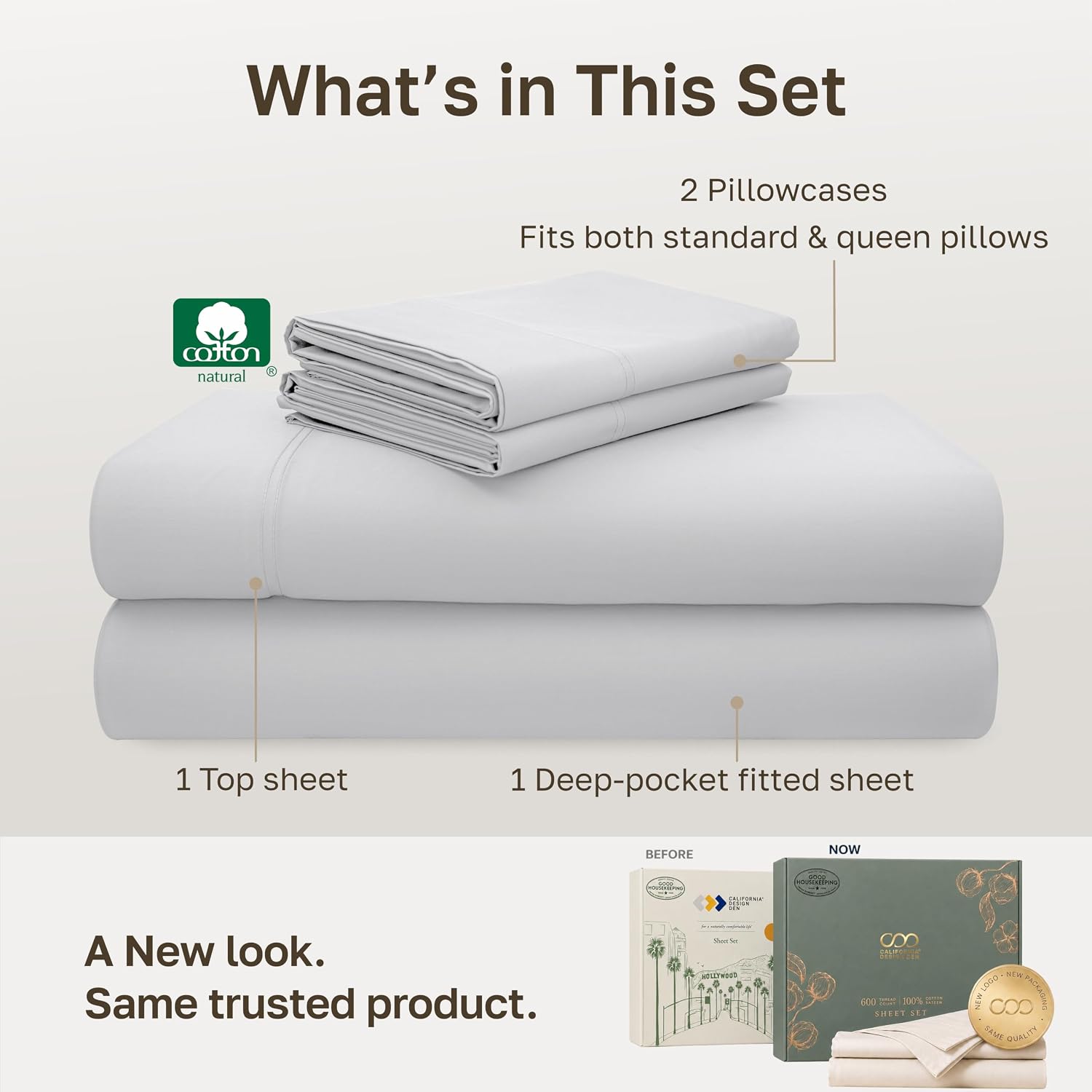 Detalle de California Design Den 840307190697 Full Sheet Set, 600 TC Cotton Sateen, Light Silver