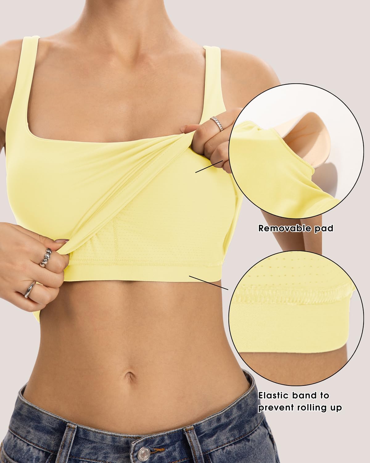 Detalle de QINSEN Women's Tank Tops with Built-in Bras: Square Neck, Double-Lined Comfort for Workouts and Beyond