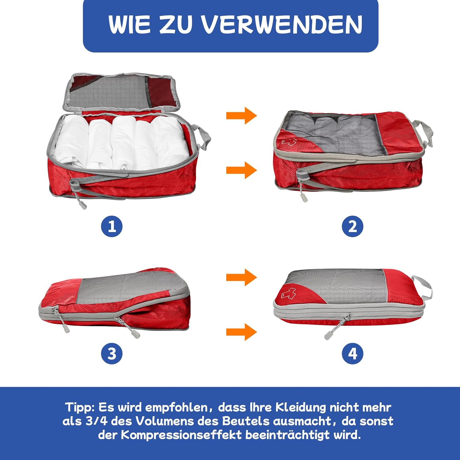 Thumbnail 1 de 5-teiliges Kompressions Packwürfel-Set für Reisen – Ultraleichte Koffer-Organizer aus Ripstop-Polyester (Rot)