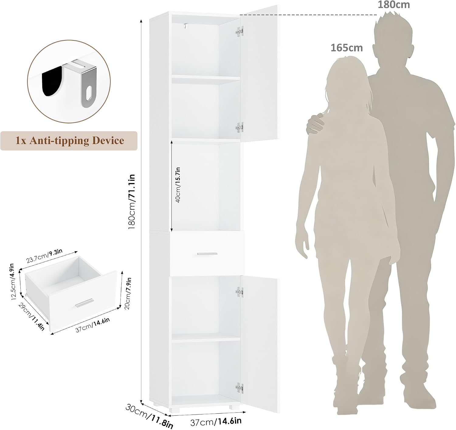 Detalle de FOREHILL 180cm Tall Bathroom Cabinet, Slim White Storage with Drawer
