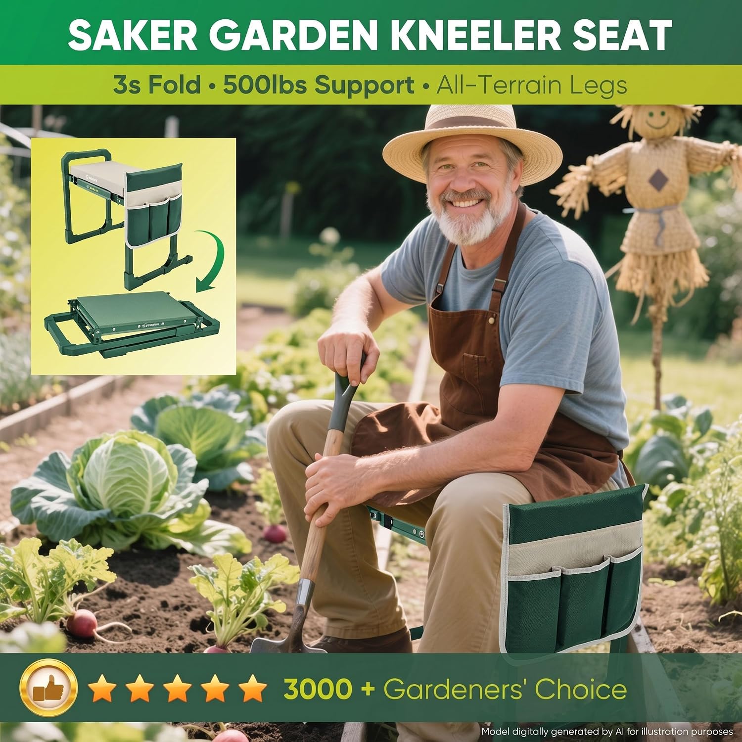 Thumbnail 1 de Saker Garden Kneeler and Seat Foldable Gardening Stool with Extendable Legs & Thickened Pad