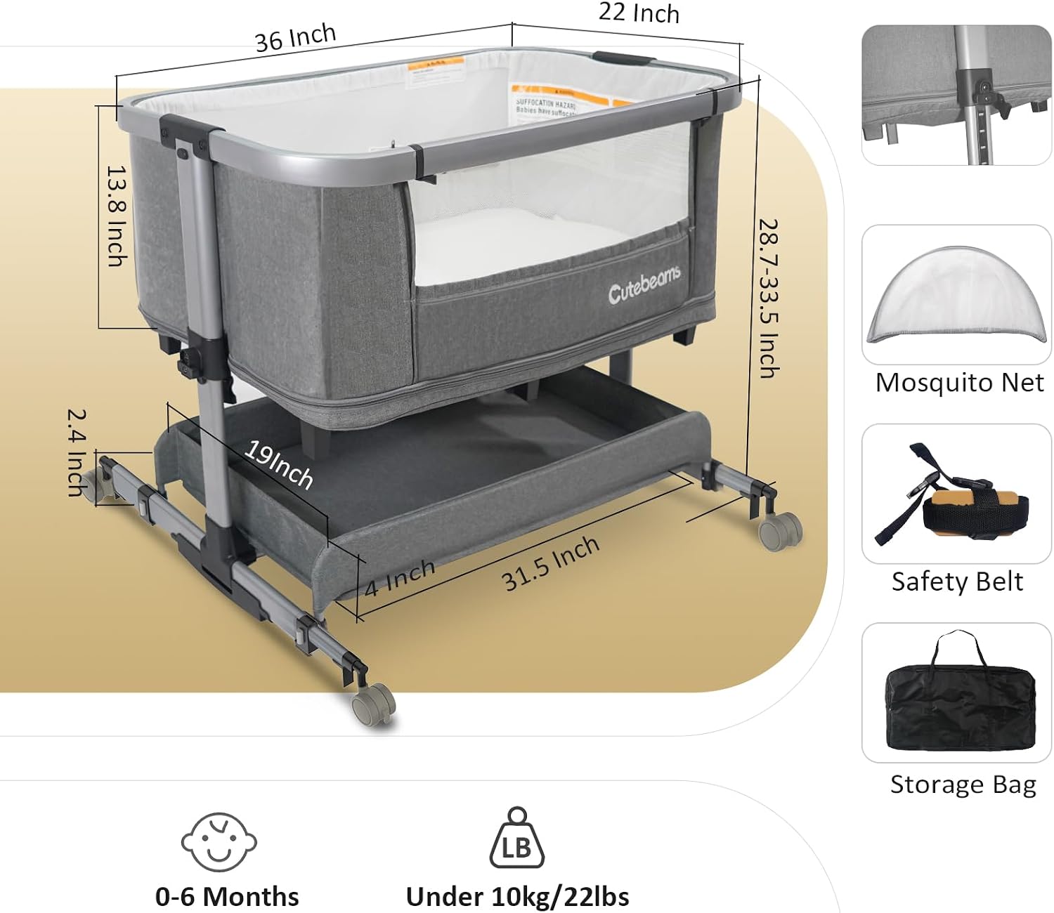 Thumbnail 6 de cutebeams HB608-1 4-in-1 Baby Bassinet with Playpen, Adjustable Height and Rocking