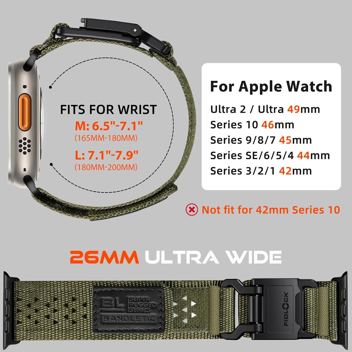 Detalle 2 de Bandletic Nylon Watch Strap with FIDLOCK Buckle for Apple Watch Ultra 2 (49mm) – Army Green