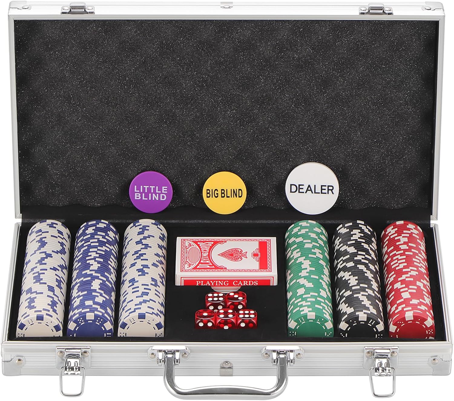 300-Piece 11.5g Poker Chips Set (Texas Hold’em/Blackjack) with Aluminum Case, Dealer Buttons, Blinds Markers & Dice