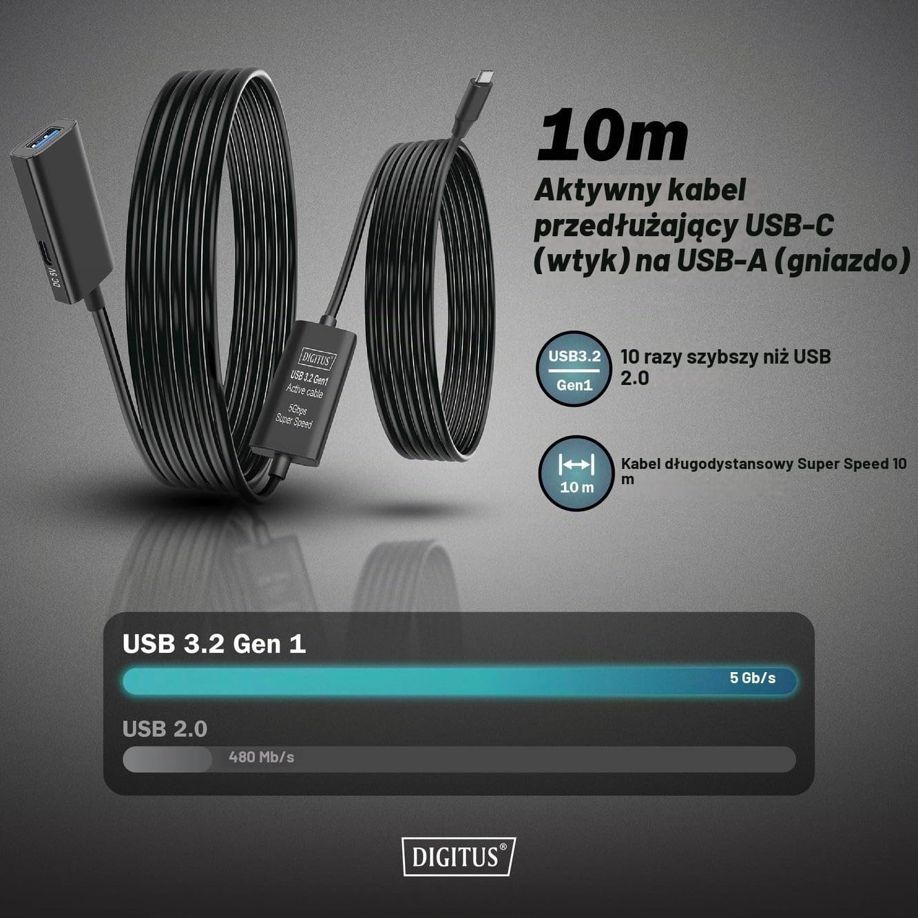 Detalle 2 de DIGITUS DA-70139-2 – aktywny przedłużacz USB 3.2 Gen1, 10 m, 5 Gbit/s