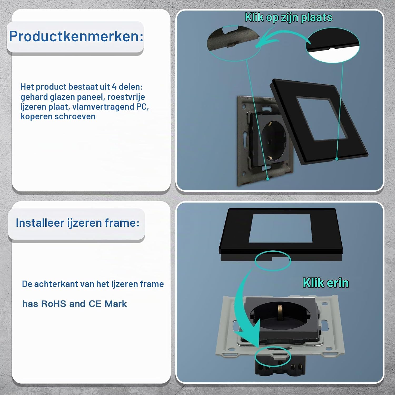 Detalle 1 de BSEED 1 Schuko-wandcontactdoos, zwart met glazen afdekplaat, 16 A
