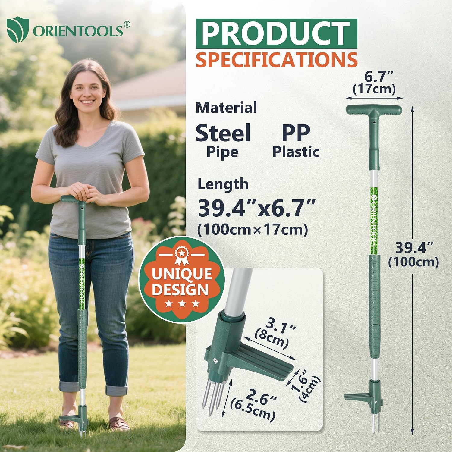 Detalle de ORIENTOOLS Weed Puller Stand Up Weeder with 3 Claws — 39.4" Long, Forest Green