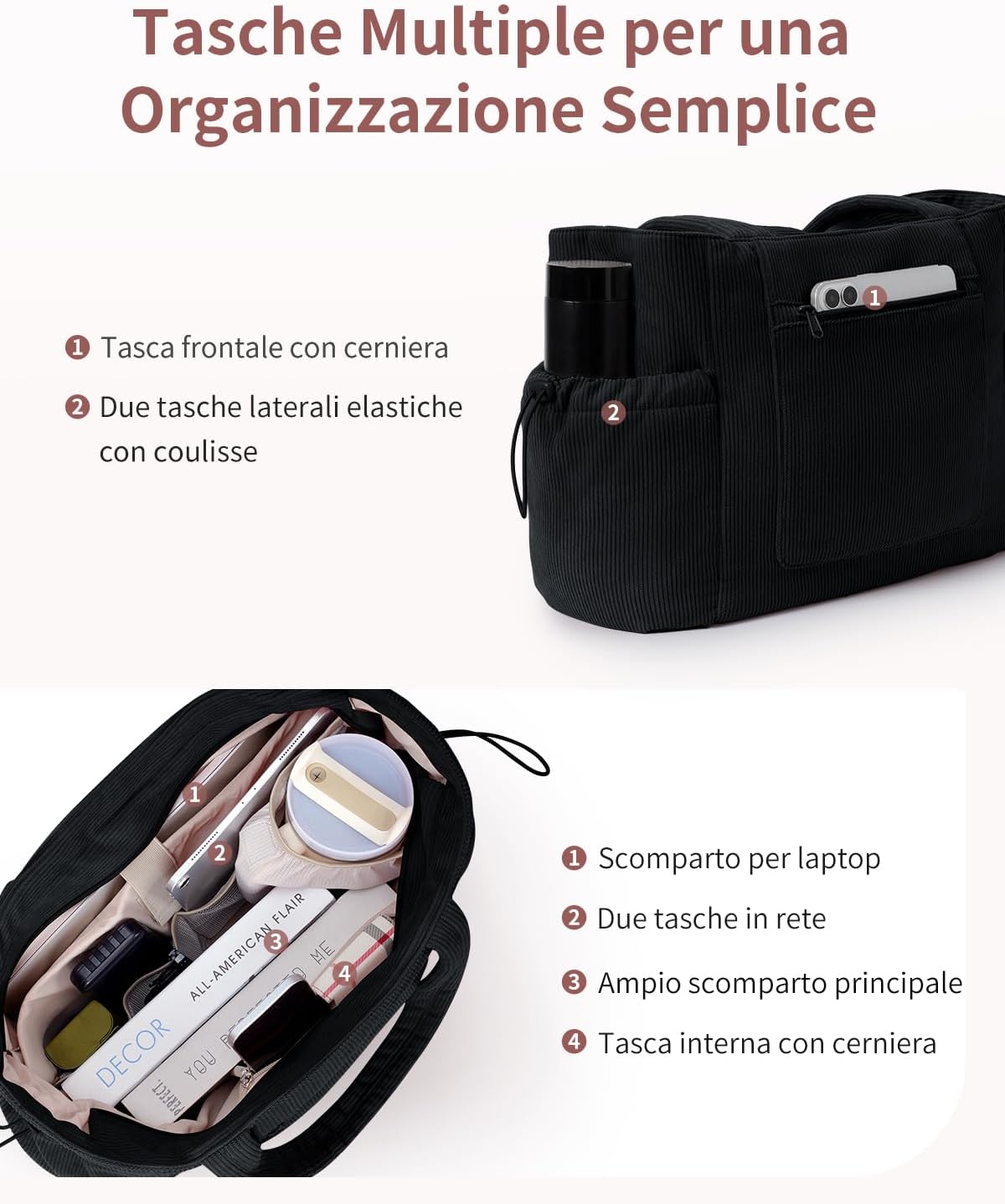 Detalle de ECOHUB Tote Bag in velluto a coste con cerniera e multitasche