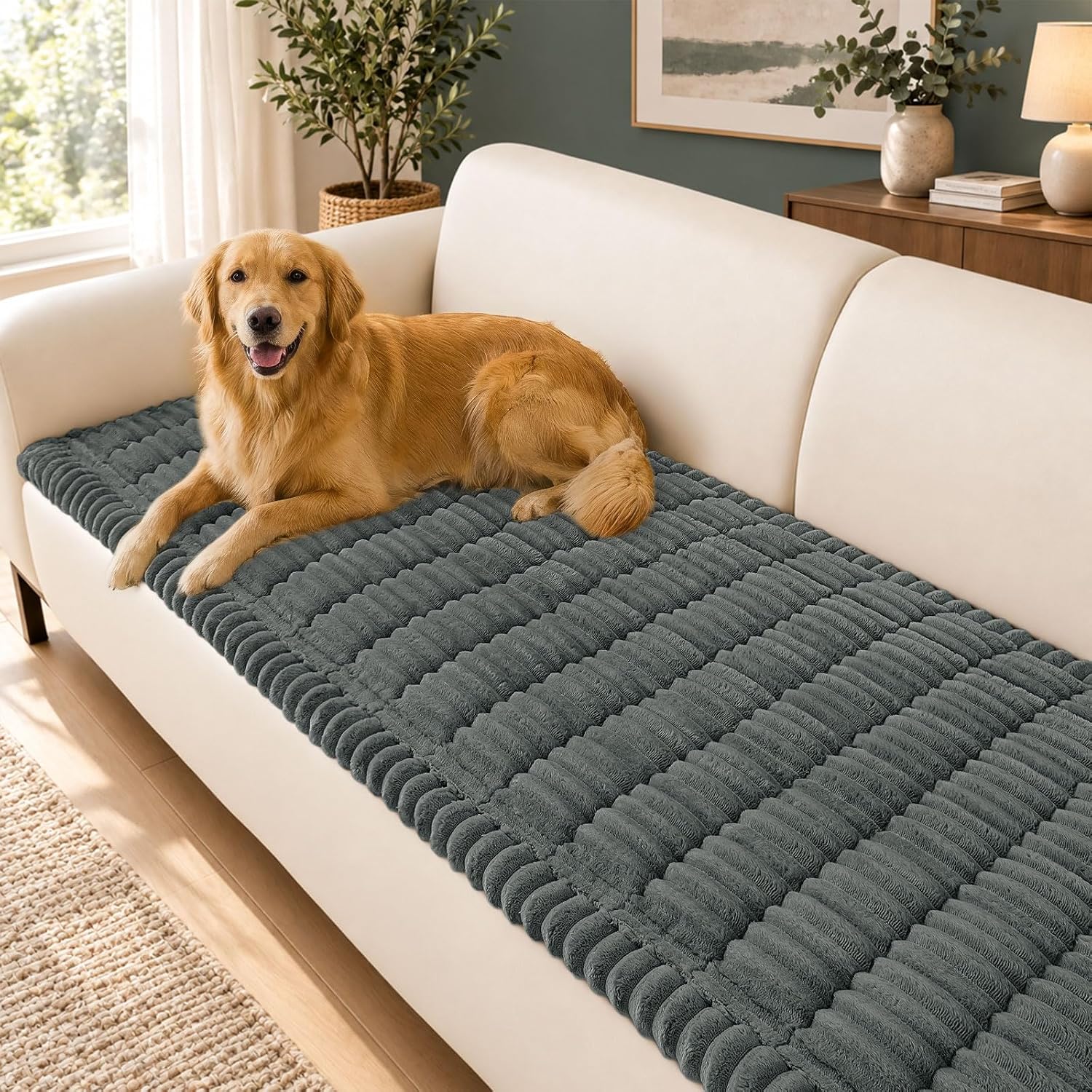 Detalle de hyha Washable Non-Slip Plush Couch Covers for Dogs (Dark Grey) — 3-Cushion Sofa Protectors