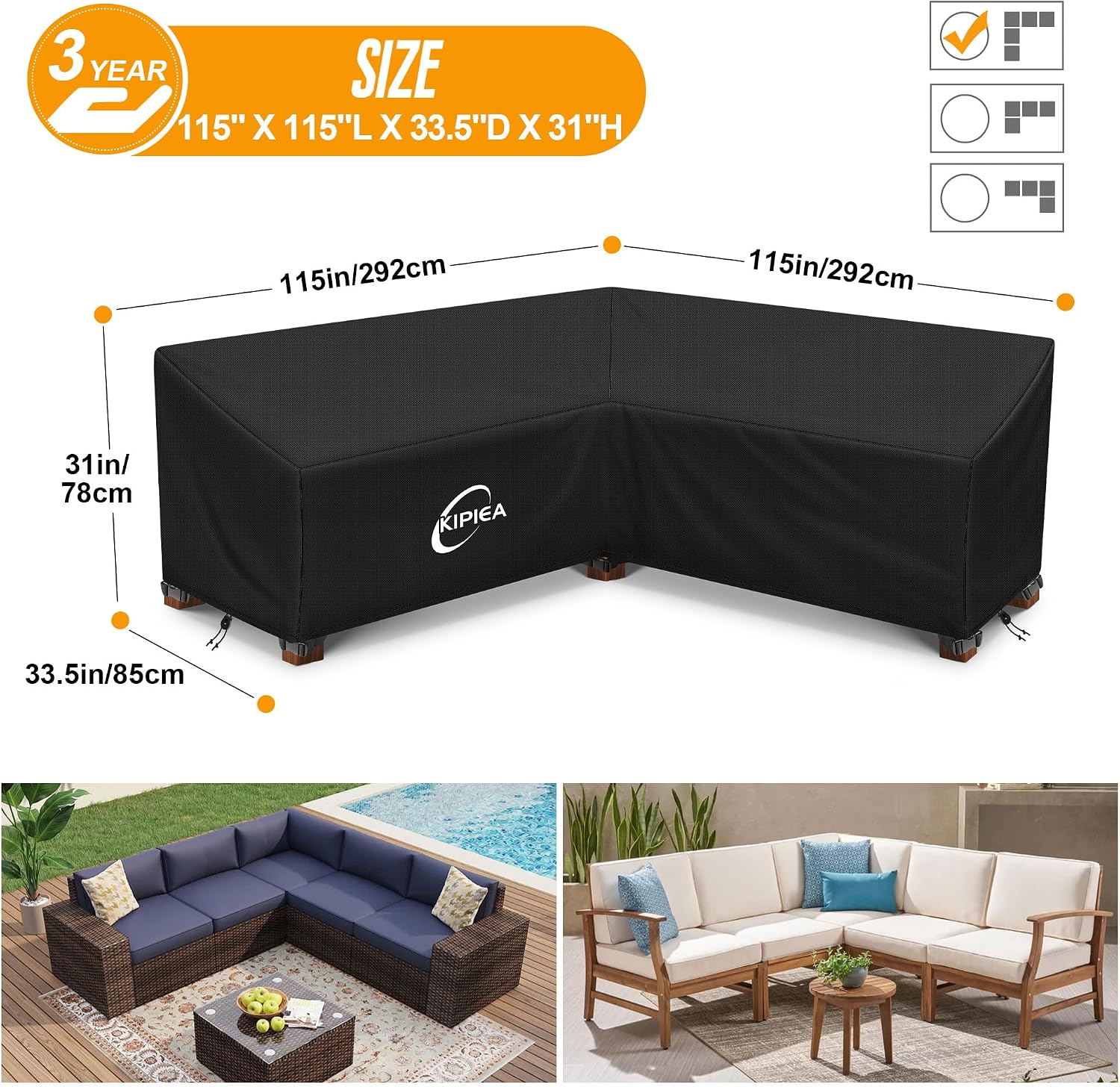Detalle 2 de Kipiea 292x292x85x78cm V-Shaped Sectional Sofa Cover, 420D Oxford