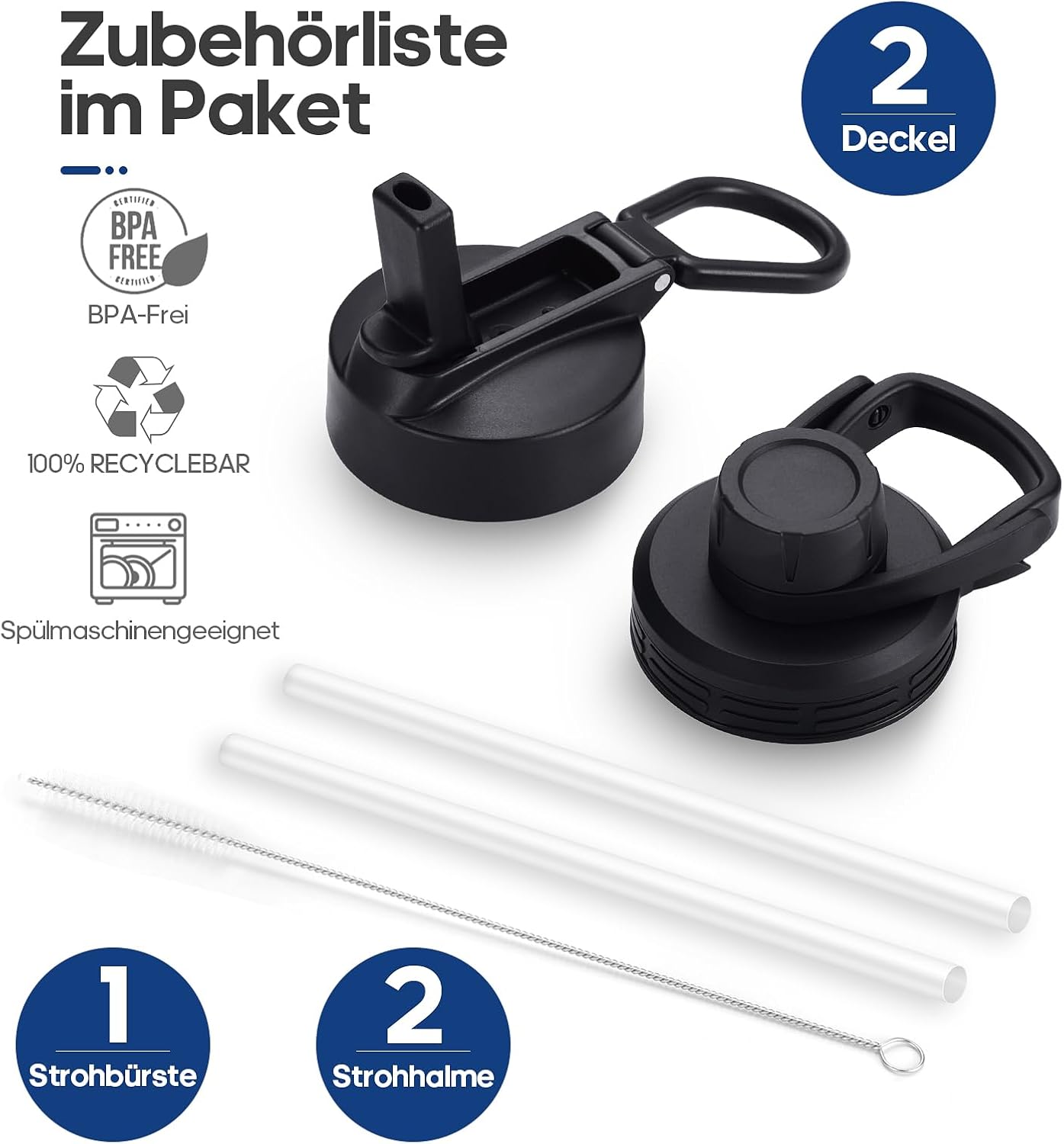Detalle de HydroPal Isolierflasche 1200ml – Edelstahl, BPA-frei, 24h kalt / 12h heiß, auslaufsicher mit zwei Deckeln und Strohhalm