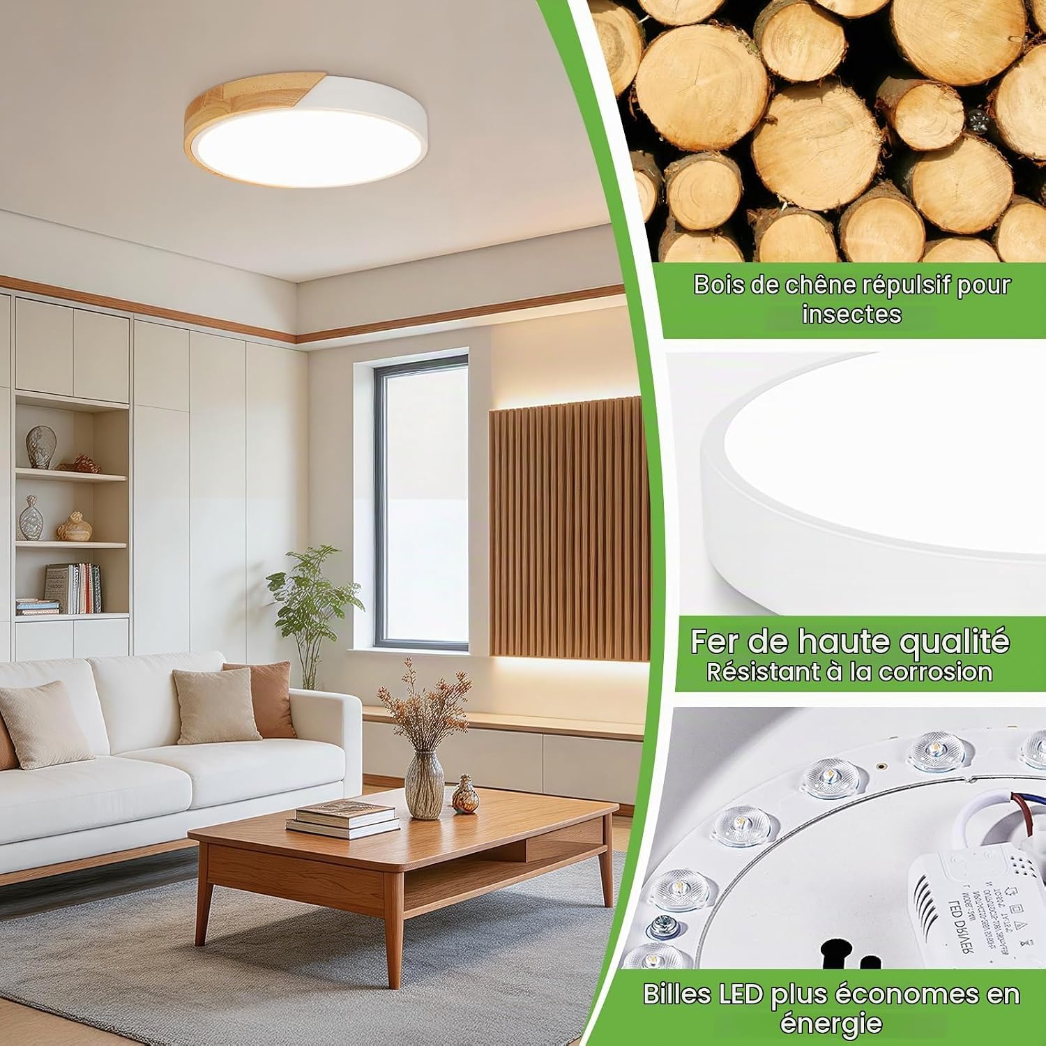 Detalle de Kimjo D0495 houten led-plafondlamp, 24 W, 4500 K en 2400 lm