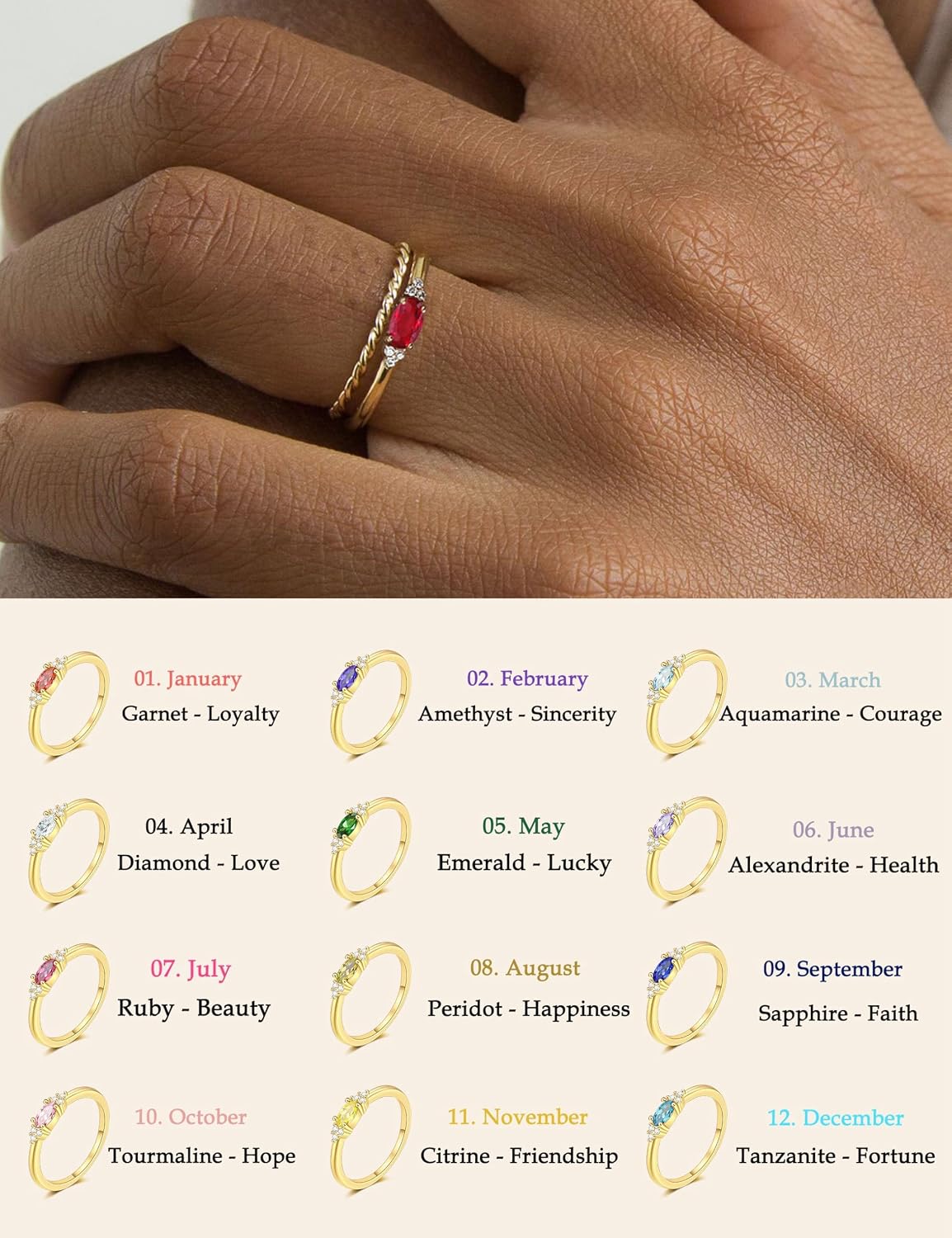 Detalle 2 de ZNBOH Geburtsstein Ring 18K vergoldet