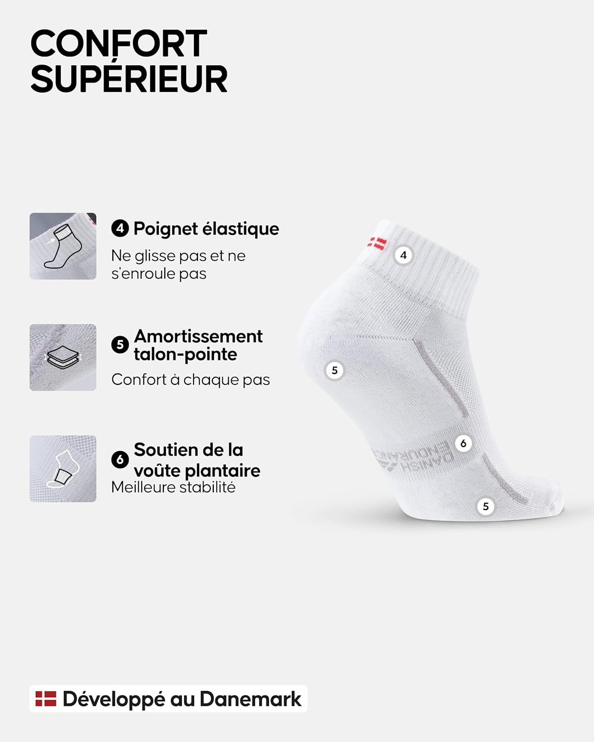Detalle 2 de DANISH ENDURANCE Chaussettes de sport en coton bio – anti-ampoules et respirantes, lot 3 ou 6