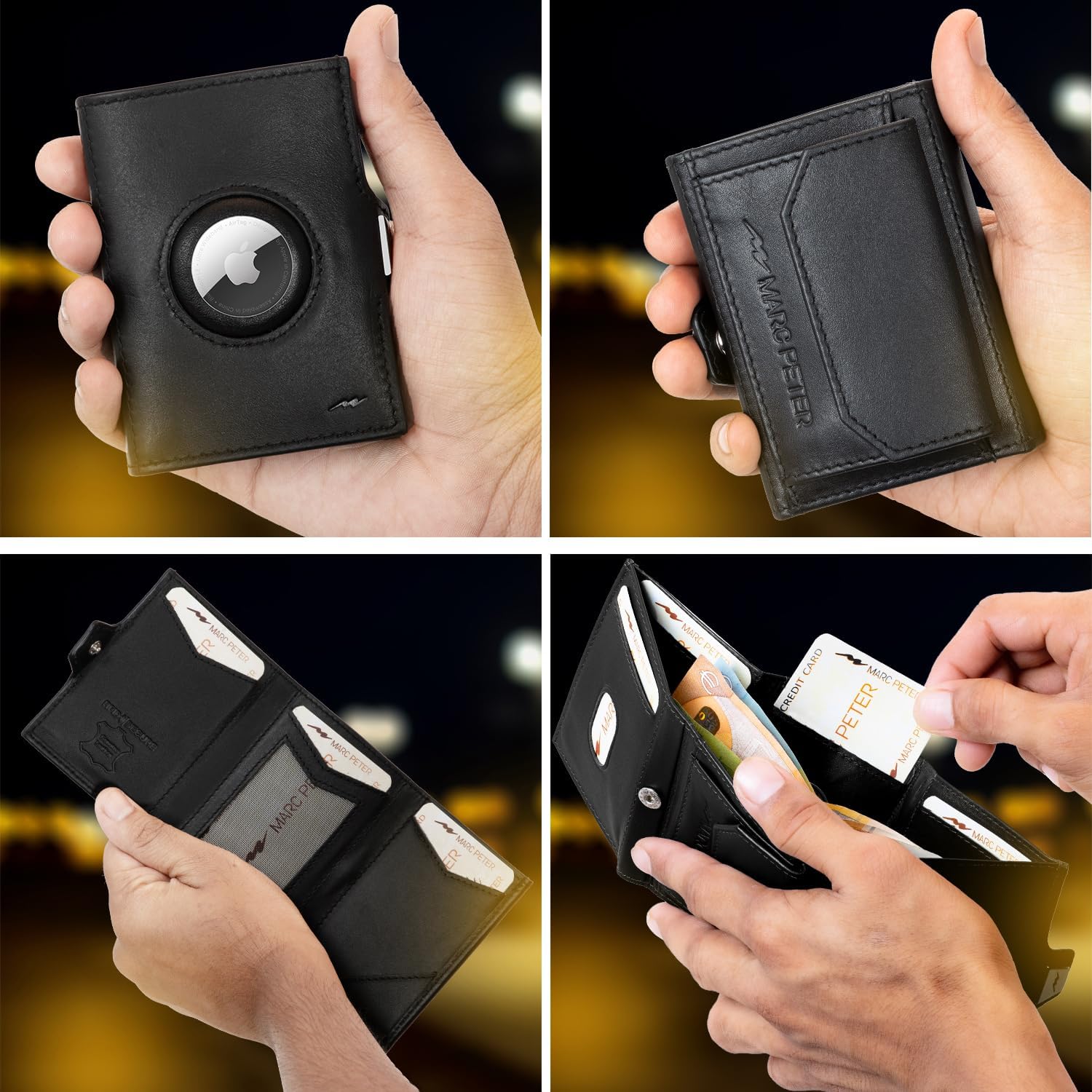 Detalle de Marc Peter Jupiter AirTag Leder-Geldbörse mit RFID-Schutz – Mini-Portemonnaie für bis zu 11 Karten