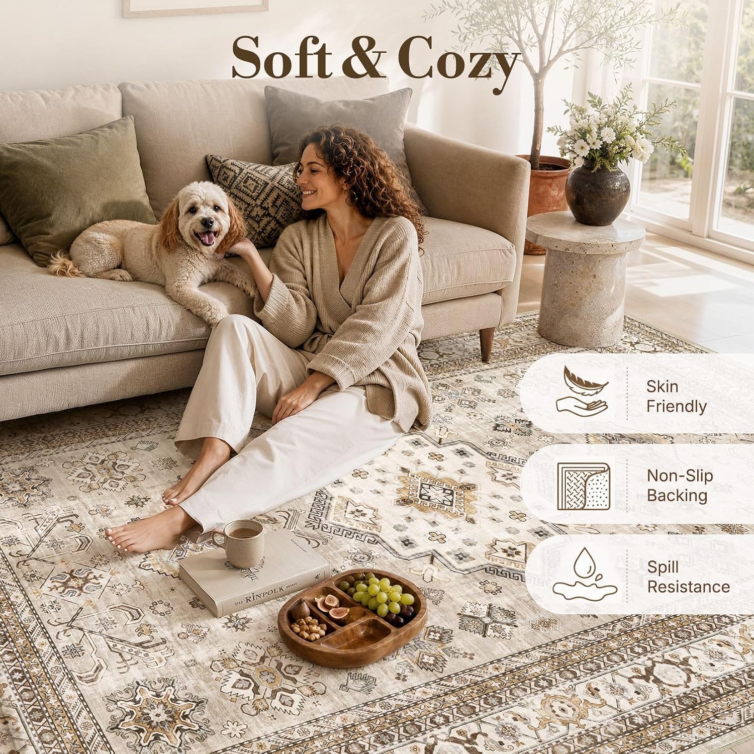 Detalle 1 de cotiled rug-23113 6' x 9' Beige Washable Traditional Area Rug