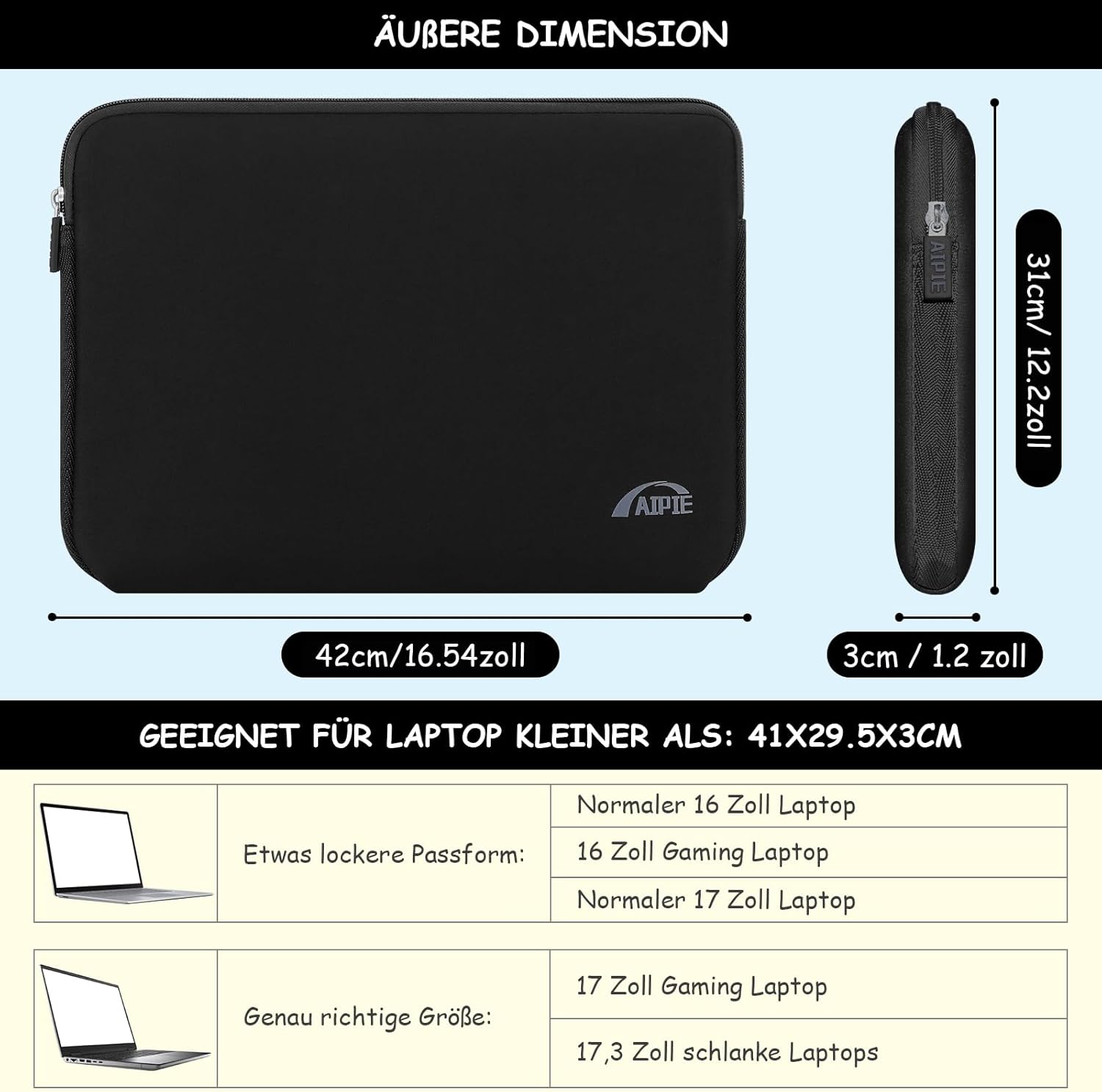 Thumbnail 1 de AIPIE Laptop Tasche 17–17,3 Zoll Hülle mit dreifacher Polsterung – kompatibel mit Acer, Asus, Dell, Lenovo, HP, Huawei
