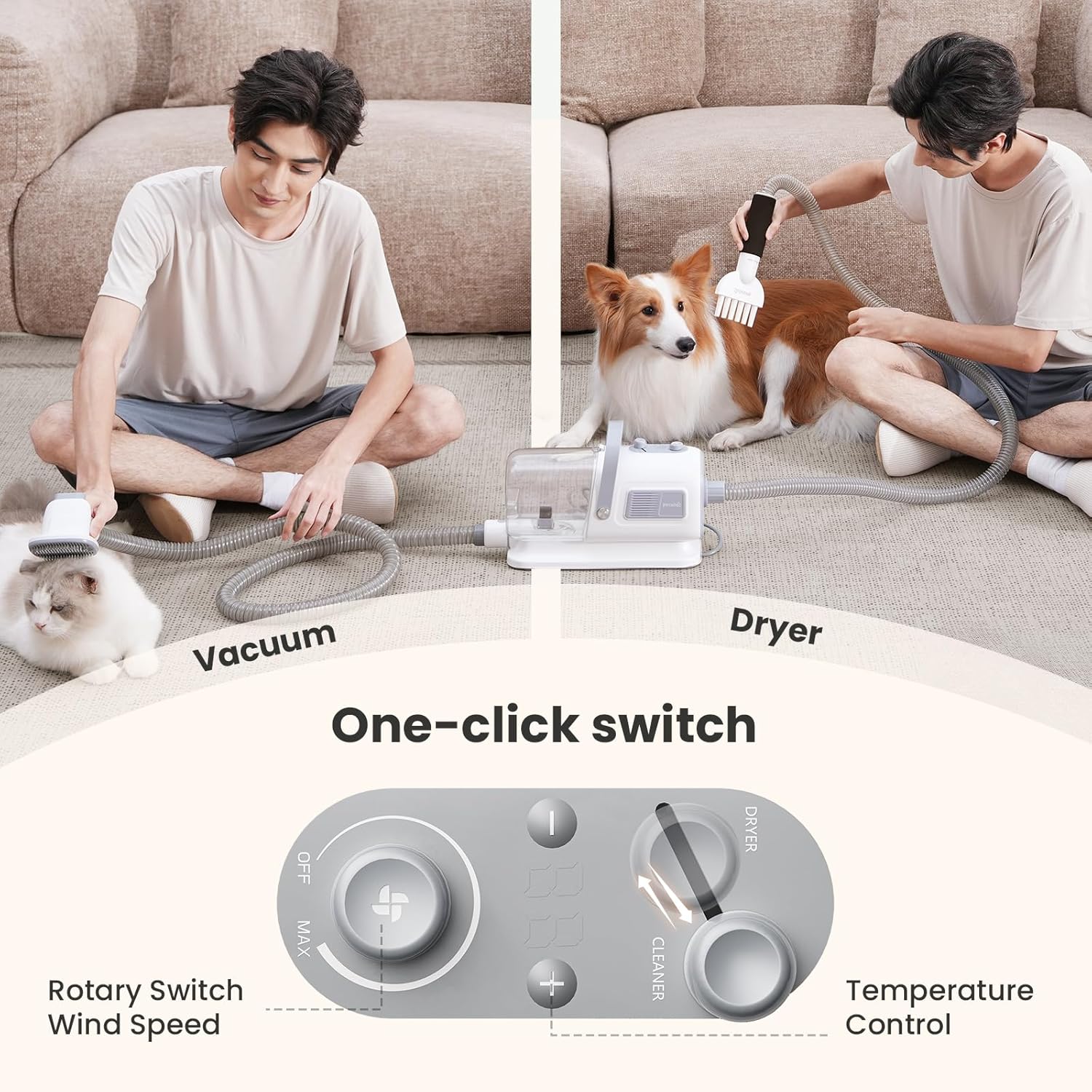 Detalle 2 de Pecute 2-in-1 Staubsauger & Haartrockner Blower für Hunde & Katzen – All-in-One Haustierpflege