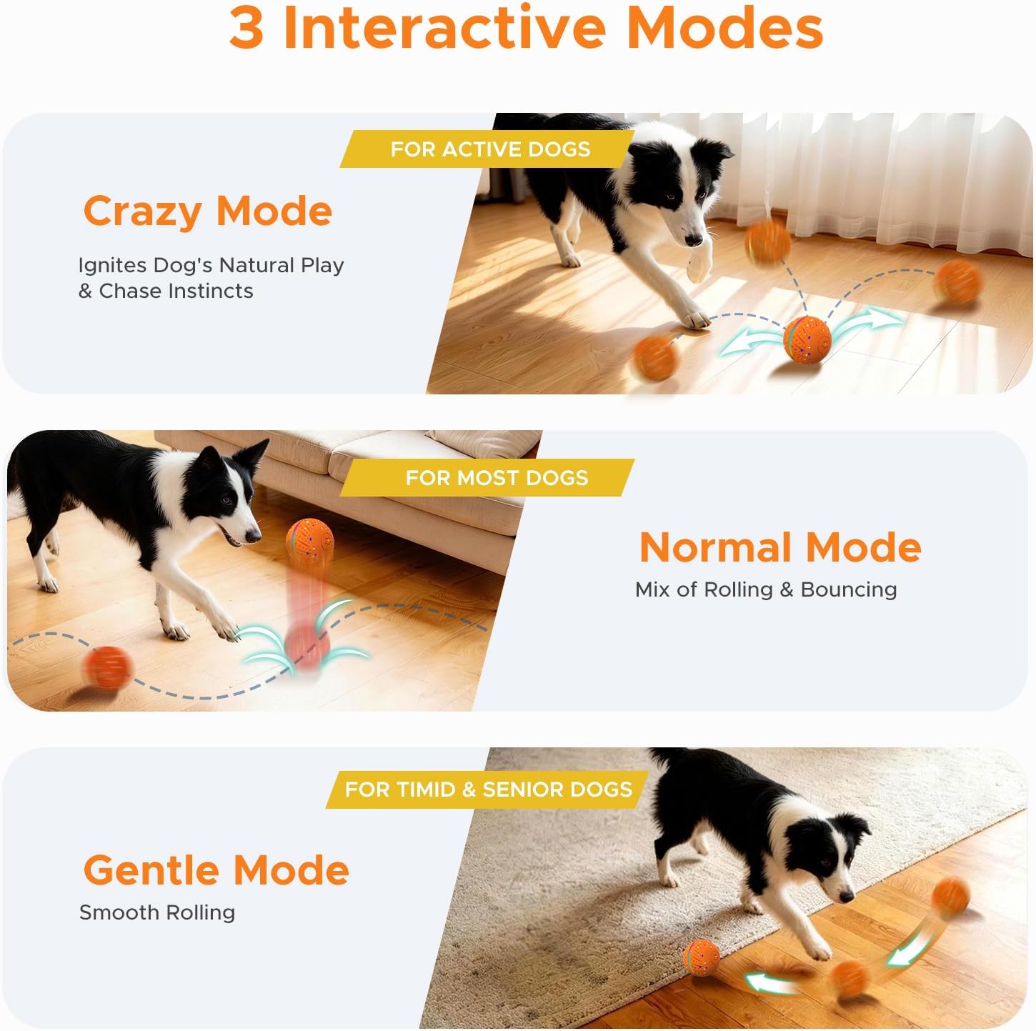 Detalle de BFFWOW Interactive Dog Ball for Small to Medium Dogs featuring 3 Modes, RGB Lights and Replaceable Shell (Orange) — 2.8 Inch