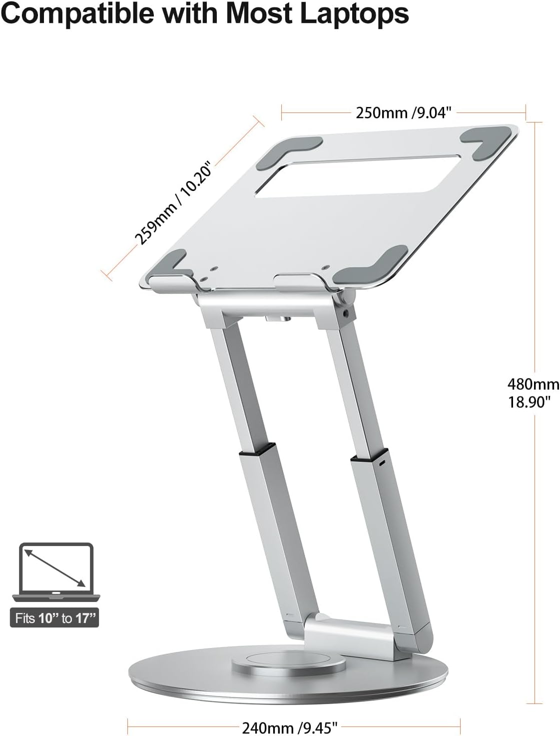 Detalle de tounee Laptop Ständer höhenverstellbar mit 360° drehbarer Basis – ergonomischer Standfuß für Laptops 10–17" (silber)