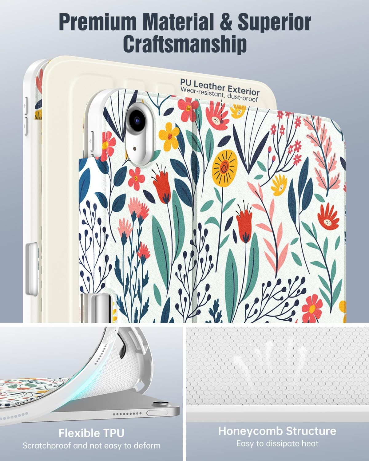 Detalle de TiMOVO Hülle für iPad (A16) 11. Generation – 11 Zoll 2025 / iPad 10. Generation 2022 mit Stifthalter, Folio-Schutzhülle in Blumenoptik
