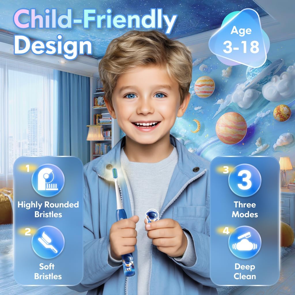 Detalle de Dada-Tech Kids Electric Toothbrush (Astronaut Blue) – Rechargeable, 3 Modes, 2-Min Timer & Stickers