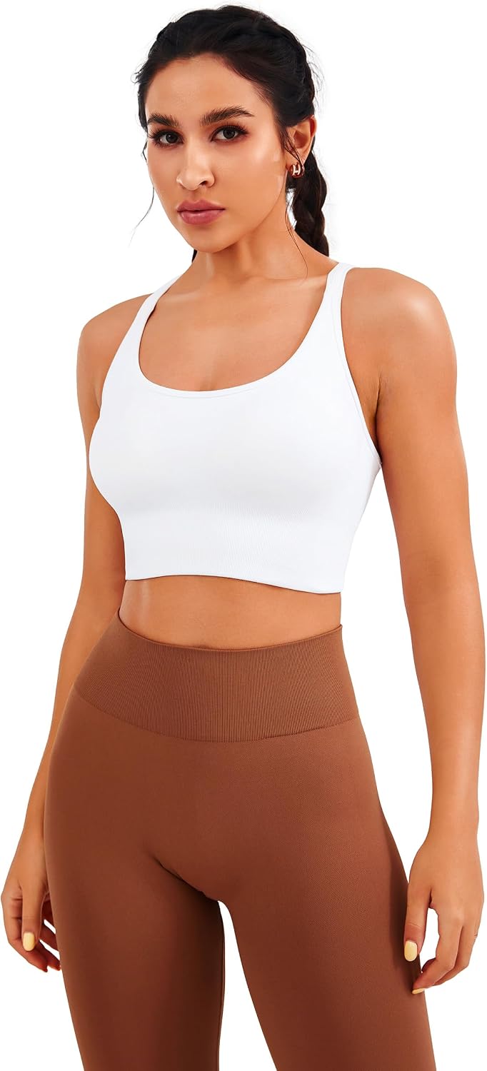 Detalle 2 de JOYSPELS Women's Seamless Longline Sports Bra – Slim Strap, 4-Way Stretch Yoga Top with Removable Pads