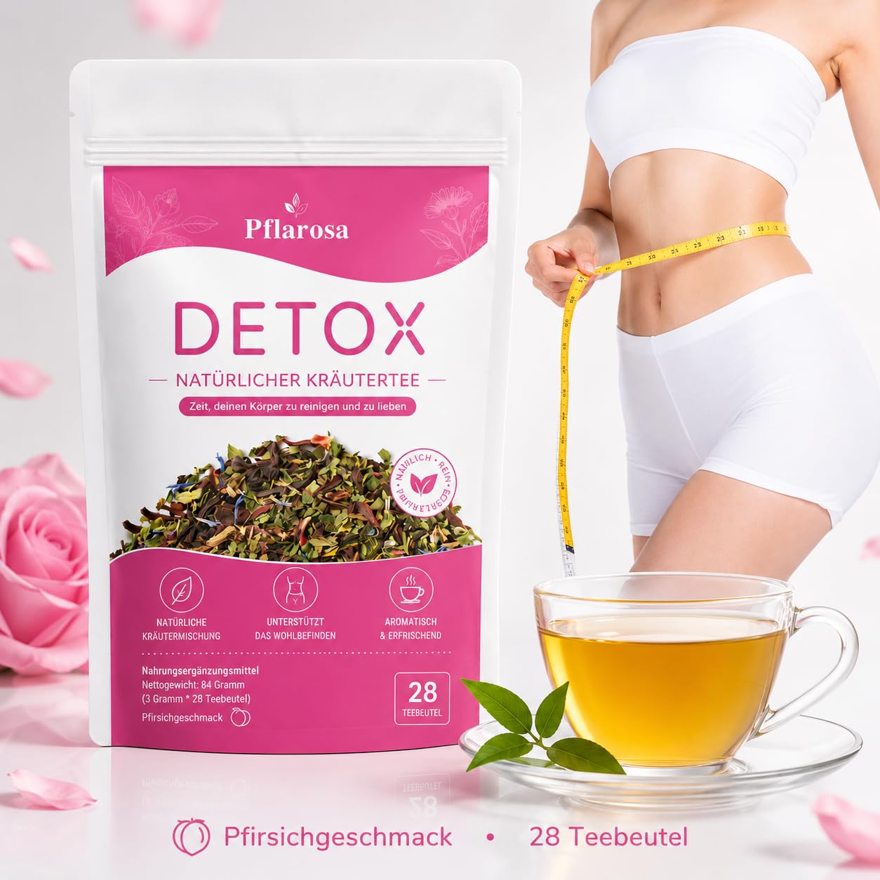 Detalle 2 de Detox Tee zum Abnehmen – 56-Tage Kräutertee-Kur mit Grüntee, Oolong & Löwenzahn, Pfirsichgeschmack (vegan)
