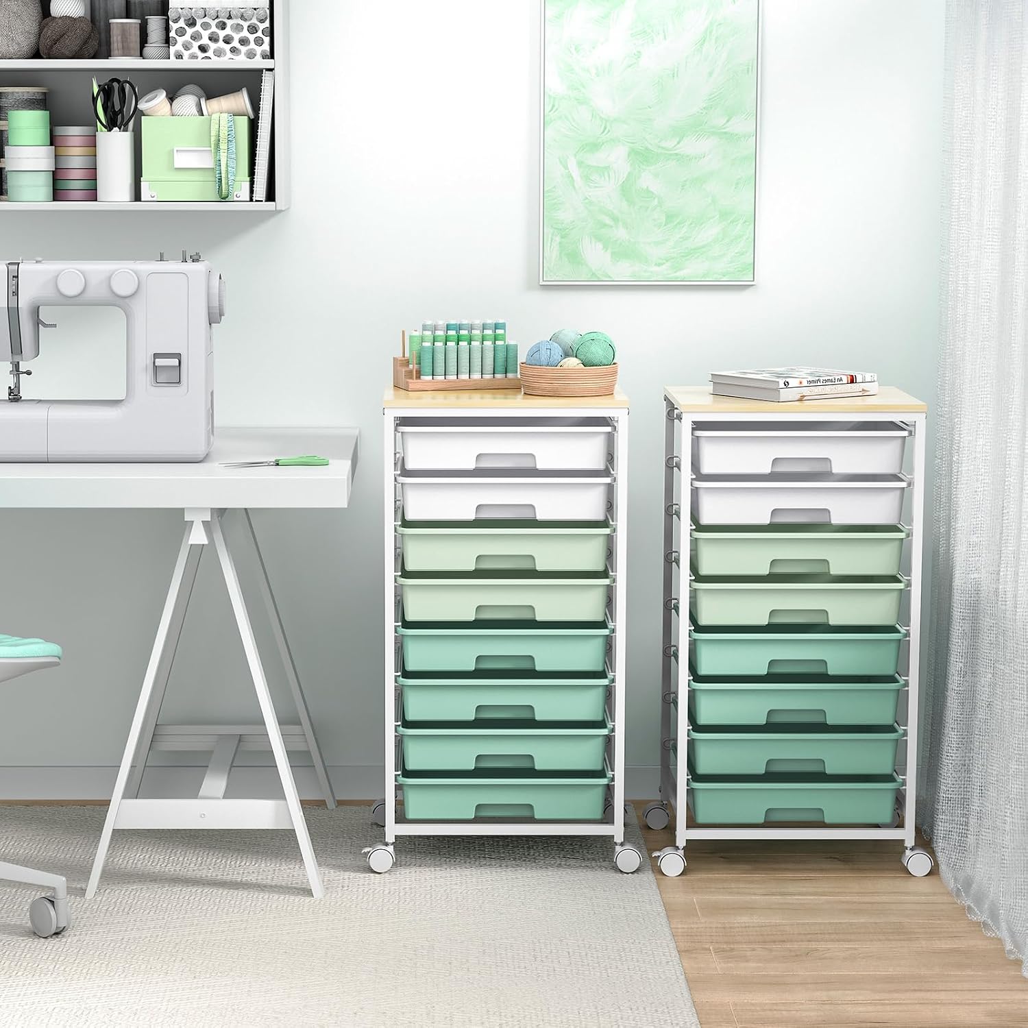 Detalle de SYKIARIOL 924-GN Utility Cart with 8 Drawers, Light Green, Wooden Top